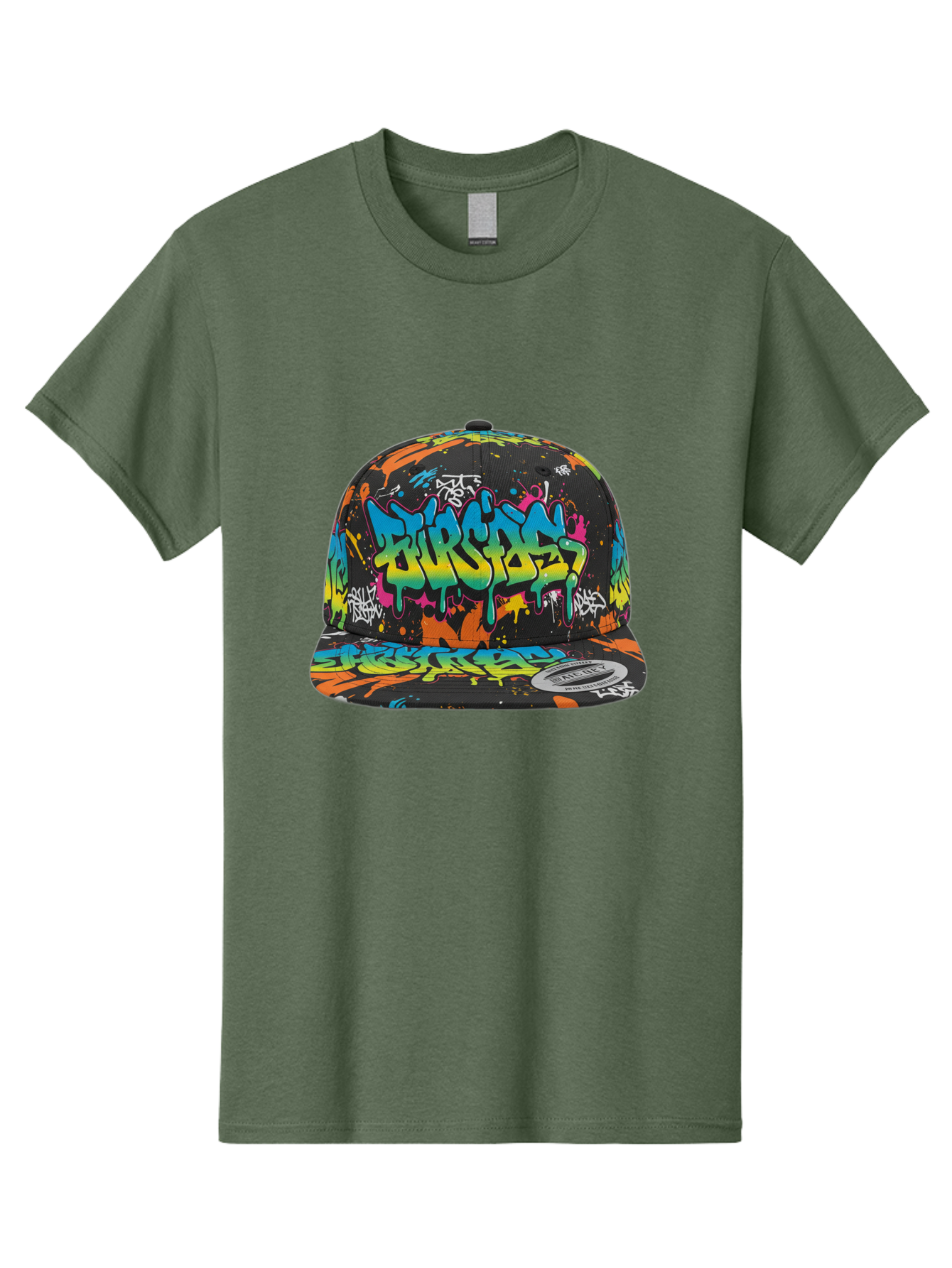 Burstin-Hustle Men'S Graphic Tee, 100% Cotton, Comfortable Casual Summer Wear, Machine Washable, Graffiti Hat, Streetwear Fashion, Urban Style, Colorful Cap, Bold Design, Vibrant Print, Trendy Headwear, Burstin, Splatter Art, Bac721