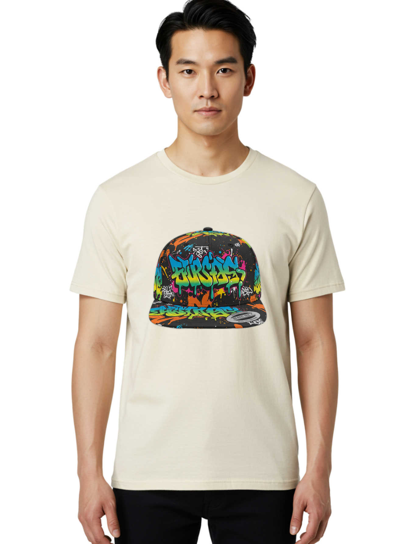 Burstin-Hustle Men'S Graphic Tee, 100% Cotton, Comfortable Casual Summer Wear, Machine Washable, Graffiti Hat, Streetwear Fashion, Urban Style, Colorful Cap, Bold Design, Vibrant Print, Trendy Headwear, Burstin, Splatter Art, Bac721
