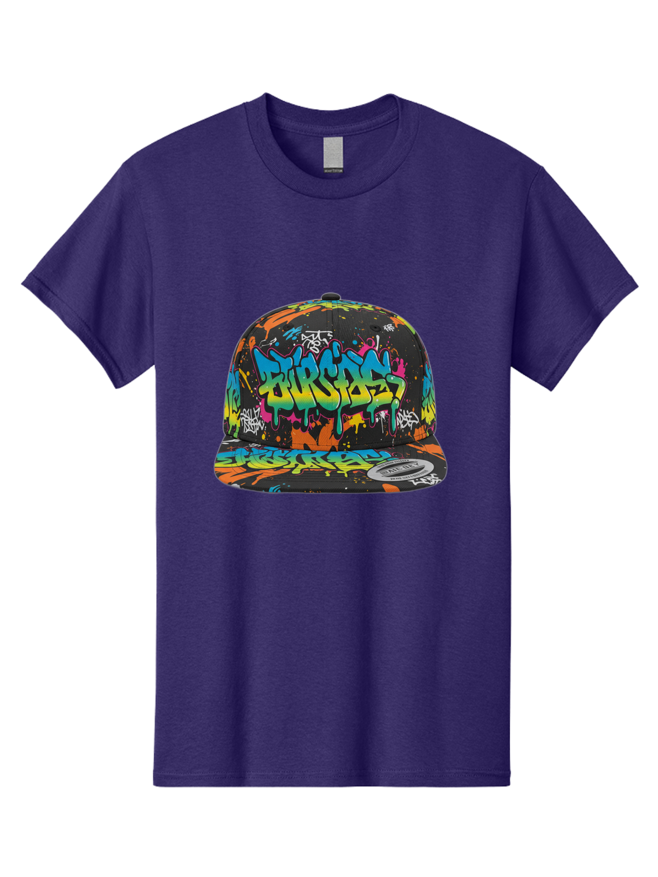 Burstin-Hustle Men'S Graphic Tee, 100% Cotton, Comfortable Casual Summer Wear, Machine Washable, Graffiti Hat, Streetwear Fashion, Urban Style, Colorful Cap, Bold Design, Vibrant Print, Trendy Headwear, Burstin, Splatter Art, Bac721