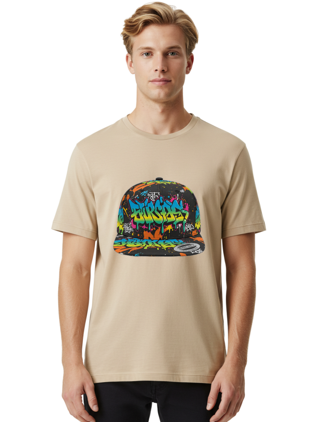 Burstin-Hustle Men'S Graphic Tee, 100% Cotton, Comfortable Casual Summer Wear, Machine Washable, Graffiti Hat, Streetwear Fashion, Urban Style, Colorful Cap, Bold Design, Vibrant Print, Trendy Headwear, Burstin, Splatter Art, Bac721