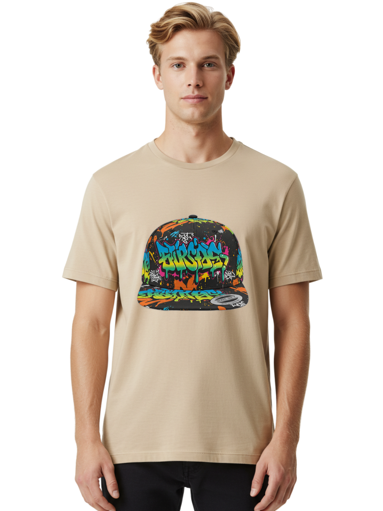Burstin-Hustle Men'S Graphic Tee, 100% Cotton, Comfortable Casual Summer Wear, Machine Washable, Graffiti Hat, Streetwear Fashion, Urban Style, Colorful Cap, Bold Design, Vibrant Print, Trendy Headwear, Burstin, Splatter Art, Bac721
