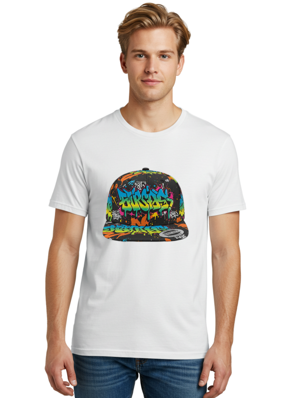 Burstin-Hustle Men'S Graphic Tee, 100% Cotton, Comfortable Casual Summer Wear, Machine Washable, Graffiti Hat, Streetwear Fashion, Urban Style, Colorful Cap, Bold Design, Vibrant Print, Trendy Headwear, Burstin, Splatter Art, Bac721