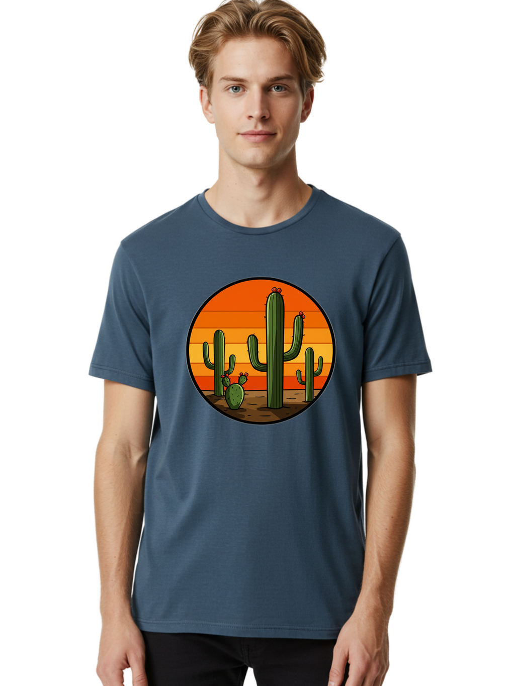 Cacti-Sunset Men'S Graphic Tee, 100% Cotton, Comfortable Casual Summer Wear, Machine Washable, Desert Landscape, Cacti, Sunset, Orange Gradient, Cartoon Style, Arid Environment, Dry Terrain, Western Scenery, Prickly Plants, Vibrant Colors Bac722
