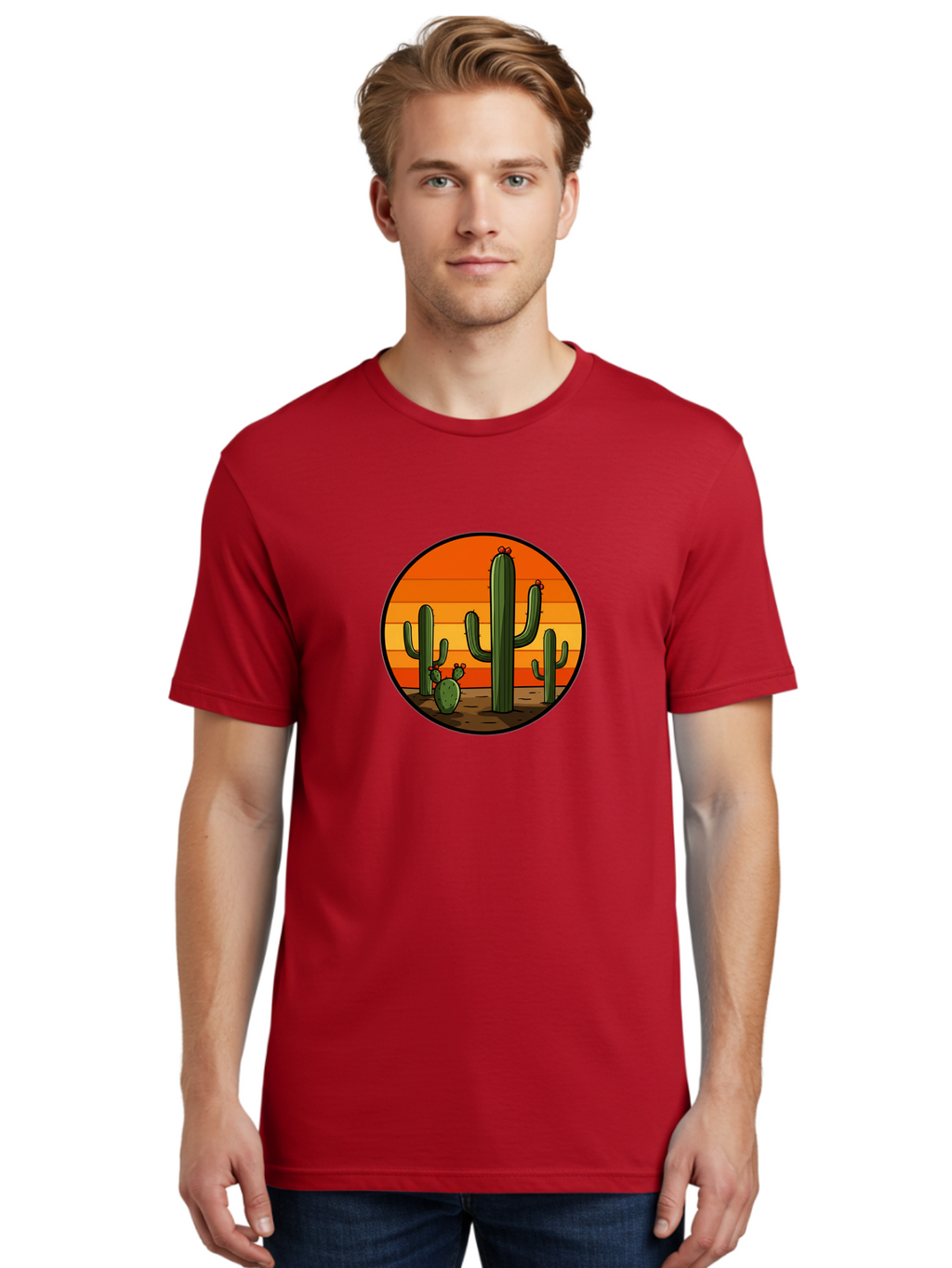 Cacti-Sunset Men'S Graphic Tee, 100% Cotton, Comfortable Casual Summer Wear, Machine Washable, Desert Landscape, Cacti, Sunset, Orange Gradient, Cartoon Style, Arid Environment, Dry Terrain, Western Scenery, Prickly Plants, Vibrant Colors Bac722