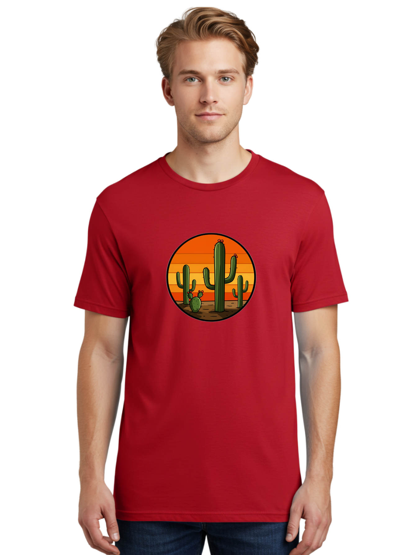 Cacti-Sunset Men'S Graphic Tee, 100% Cotton, Comfortable Casual Summer Wear, Machine Washable, Desert Landscape, Cacti, Sunset, Orange Gradient, Cartoon Style, Arid Environment, Dry Terrain, Western Scenery, Prickly Plants, Vibrant Colors Bac722