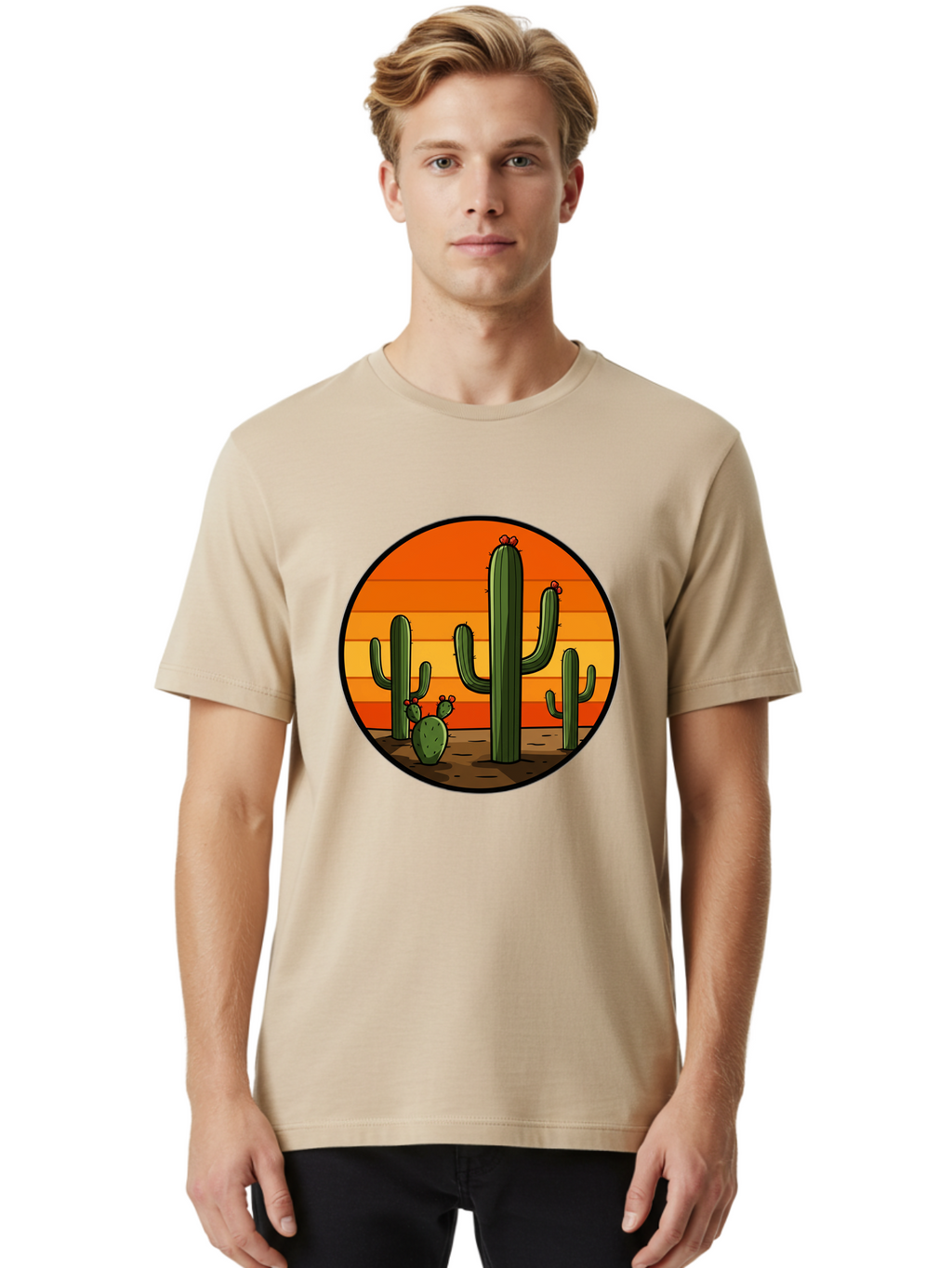 Cacti-Sunset Men'S Graphic Tee, 100% Cotton, Comfortable Casual Summer Wear, Machine Washable, Desert Landscape, Cacti, Sunset, Orange Gradient, Cartoon Style, Arid Environment, Dry Terrain, Western Scenery, Prickly Plants, Vibrant Colors Bac722