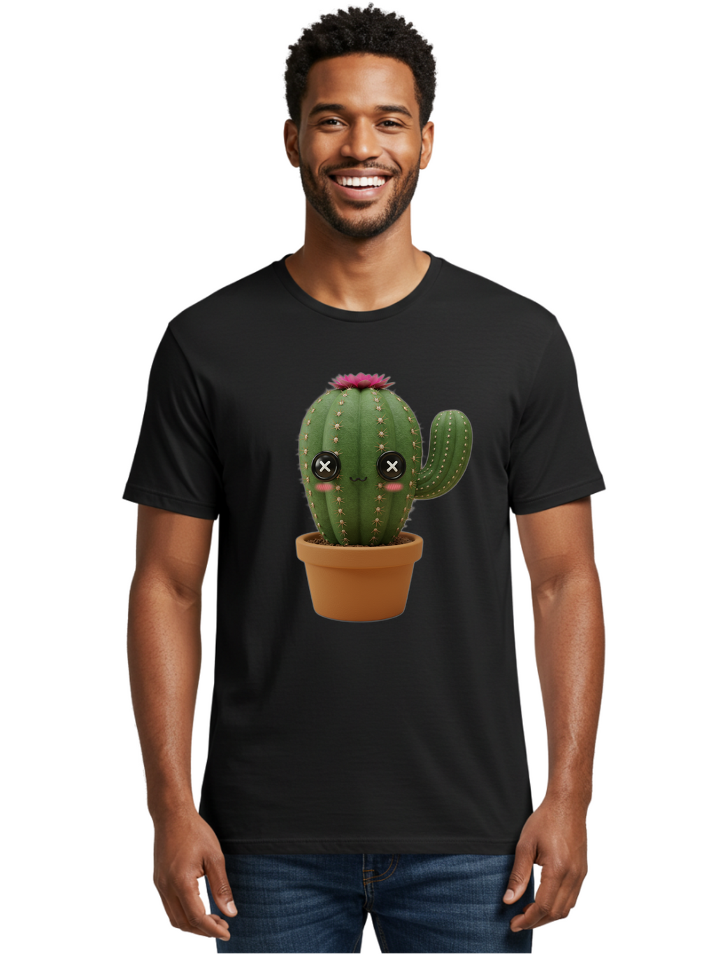 Cactus-2 Men'S Graphic Tee, 100% Cotton, Comfortable Casual Summer Wear, Machine Washable, Cactus In Pot, Plush Toy, Digital Illustration, Cute Character, Prickly Plant, Smiling Face, Pink Flower, Decorative Pot, Soft Texture, Adorable Design, Bac724