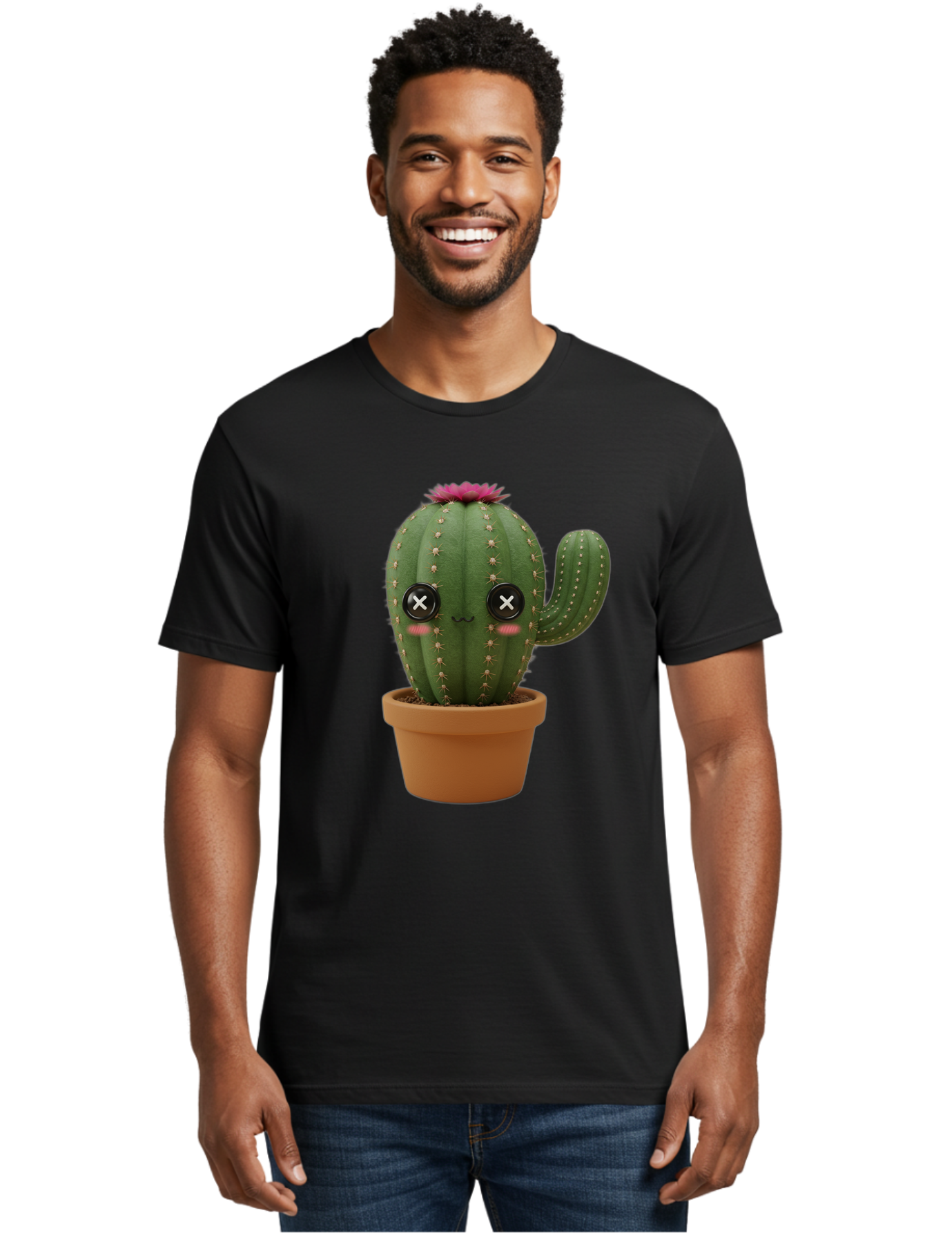 Cactus-2 Men'S Graphic Tee, 100% Cotton, Comfortable Casual Summer Wear, Machine Washable, Cactus In Pot, Plush Toy, Digital Illustration, Cute Character, Prickly Plant, Smiling Face, Pink Flower, Decorative Pot, Soft Texture, Adorable Design, Bac724