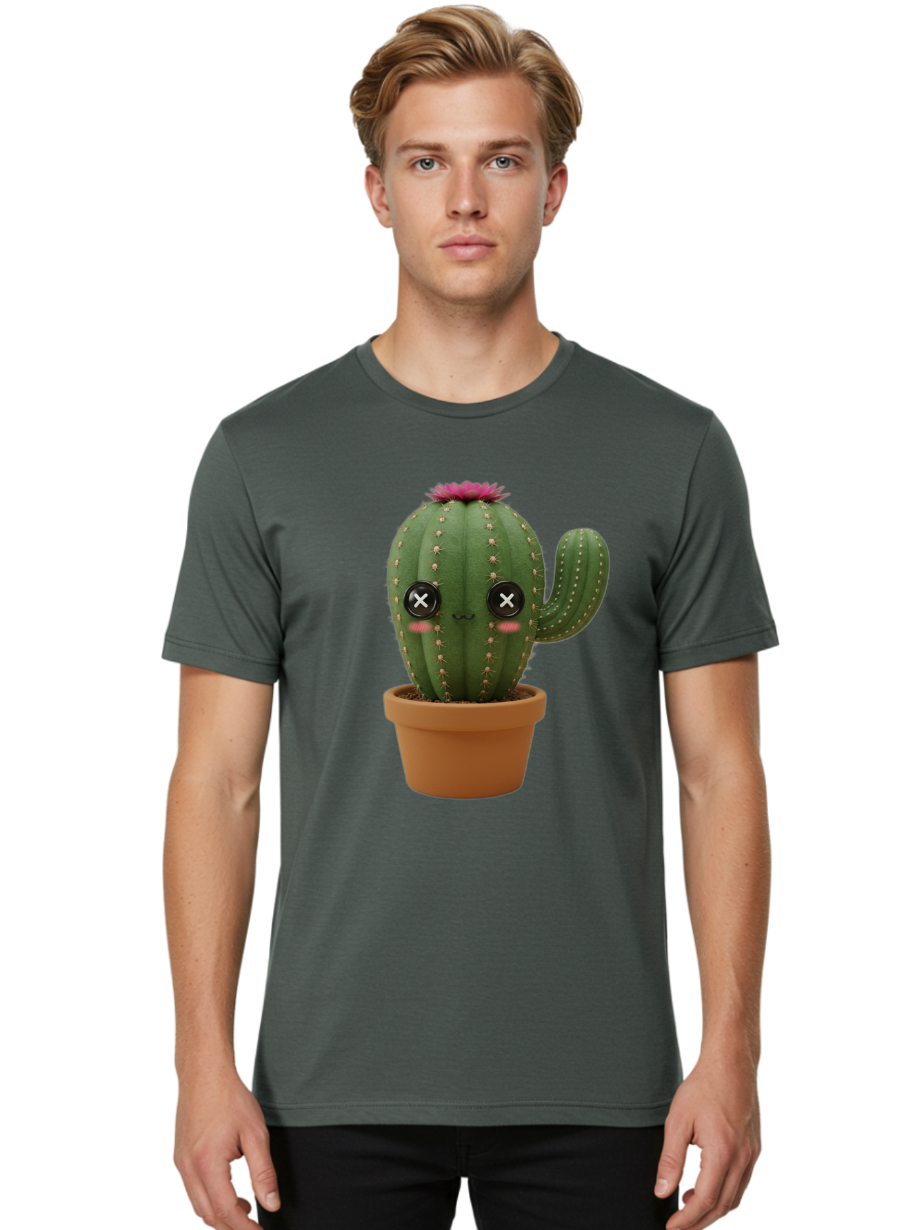 Cactus-2 Men'S Graphic Tee, 100% Cotton, Comfortable Casual Summer Wear, Machine Washable, Cactus In Pot, Plush Toy, Digital Illustration, Cute Character, Prickly Plant, Smiling Face, Pink Flower, Decorative Pot, Soft Texture, Adorable Design, Bac724