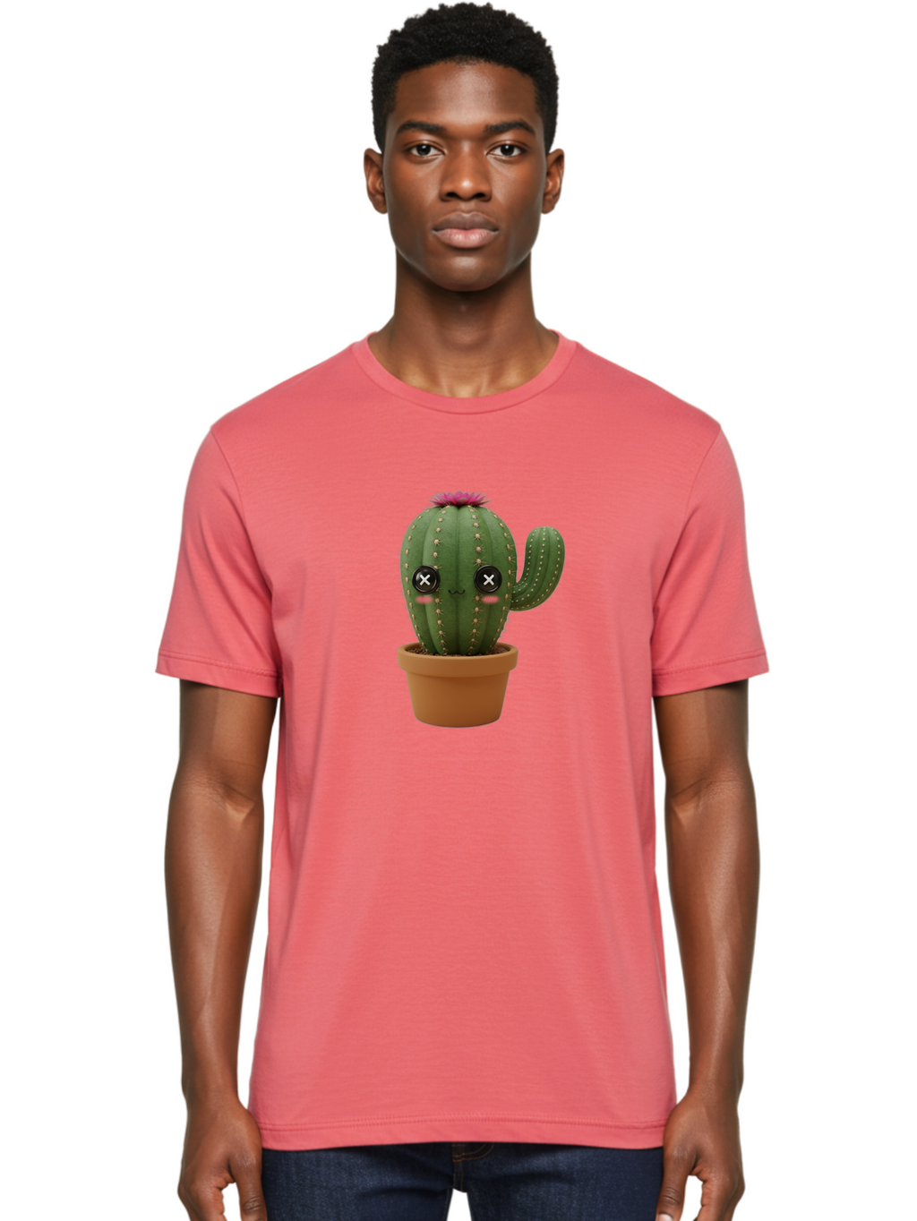 Cactus-2 Men'S Graphic Tee, 100% Cotton, Comfortable Casual Summer Wear, Machine Washable, Cactus In Pot, Plush Toy, Digital Illustration, Cute Character, Prickly Plant, Smiling Face, Pink Flower, Decorative Pot, Soft Texture, Adorable Design, Bac724