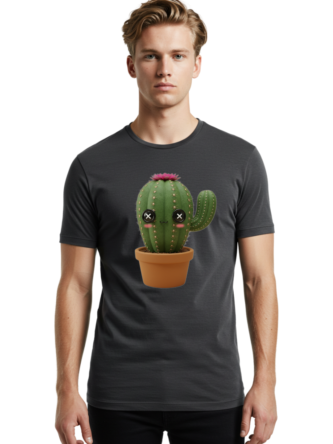 Cactus-2 Men'S Graphic Tee, 100% Cotton, Comfortable Casual Summer Wear, Machine Washable, Cactus In Pot, Plush Toy, Digital Illustration, Cute Character, Prickly Plant, Smiling Face, Pink Flower, Decorative Pot, Soft Texture, Adorable Design, Bac724
