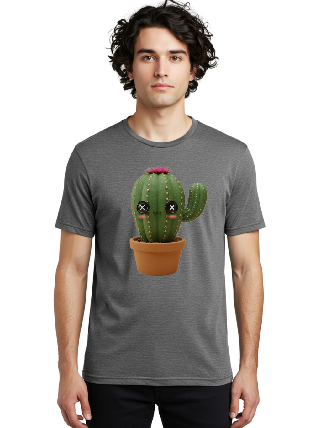 Cactus-2 Men'S Graphic Tee, 100% Cotton, Comfortable Casual Summer Wear, Machine Washable, Cactus In Pot, Plush Toy, Digital Illustration, Cute Character, Prickly Plant, Smiling Face, Pink Flower, Decorative Pot, Soft Texture, Adorable Design, Bac724