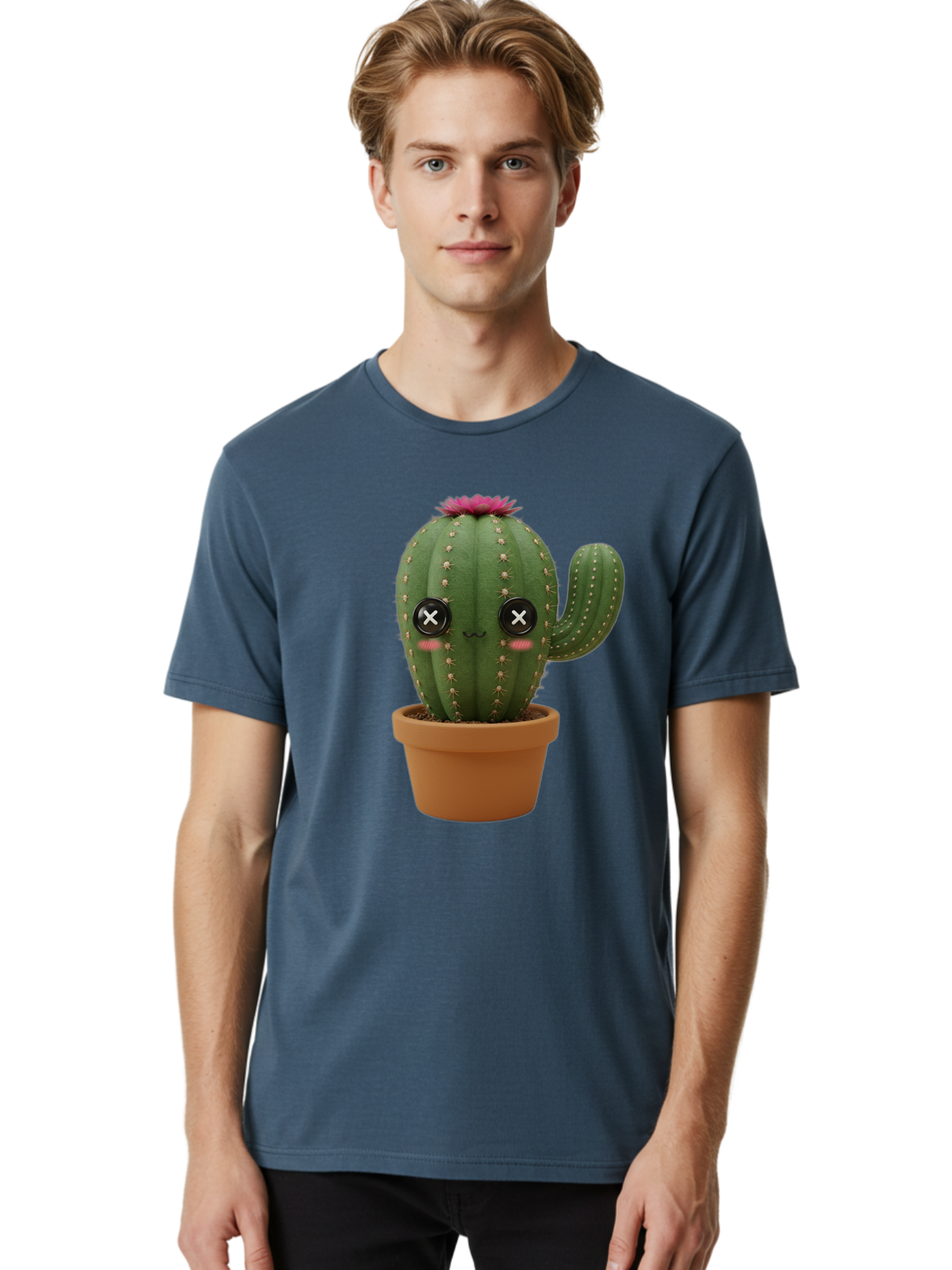 Cactus-2 Men'S Graphic Tee, 100% Cotton, Comfortable Casual Summer Wear, Machine Washable, Cactus In Pot, Plush Toy, Digital Illustration, Cute Character, Prickly Plant, Smiling Face, Pink Flower, Decorative Pot, Soft Texture, Adorable Design, Bac724