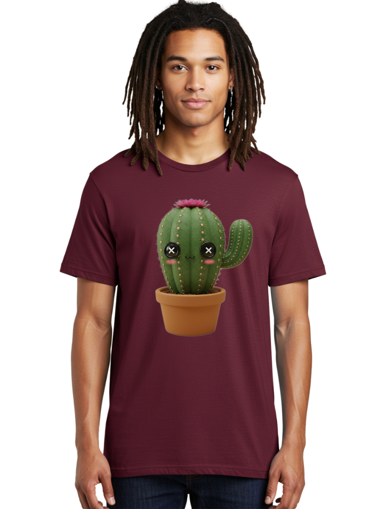 Cactus-2 Men'S Graphic Tee, 100% Cotton, Comfortable Casual Summer Wear, Machine Washable, Cactus In Pot, Plush Toy, Digital Illustration, Cute Character, Prickly Plant, Smiling Face, Pink Flower, Decorative Pot, Soft Texture, Adorable Design, Bac724