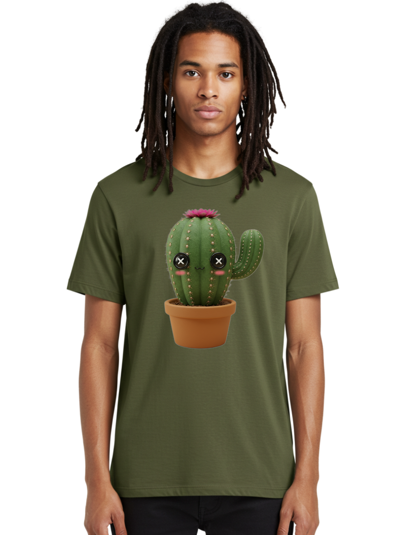 Cactus-2 Men'S Graphic Tee, 100% Cotton, Comfortable Casual Summer Wear, Machine Washable, Cactus In Pot, Plush Toy, Digital Illustration, Cute Character, Prickly Plant, Smiling Face, Pink Flower, Decorative Pot, Soft Texture, Adorable Design, Bac724