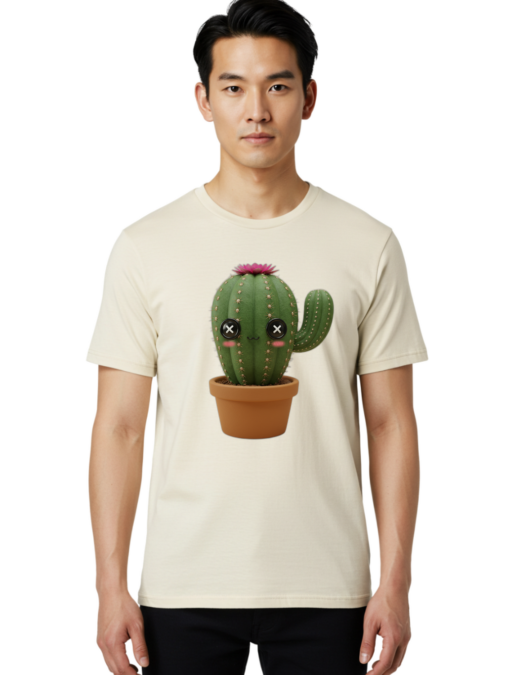 Cactus-2 Men'S Graphic Tee, 100% Cotton, Comfortable Casual Summer Wear, Machine Washable, Cactus In Pot, Plush Toy, Digital Illustration, Cute Character, Prickly Plant, Smiling Face, Pink Flower, Decorative Pot, Soft Texture, Adorable Design, Bac724