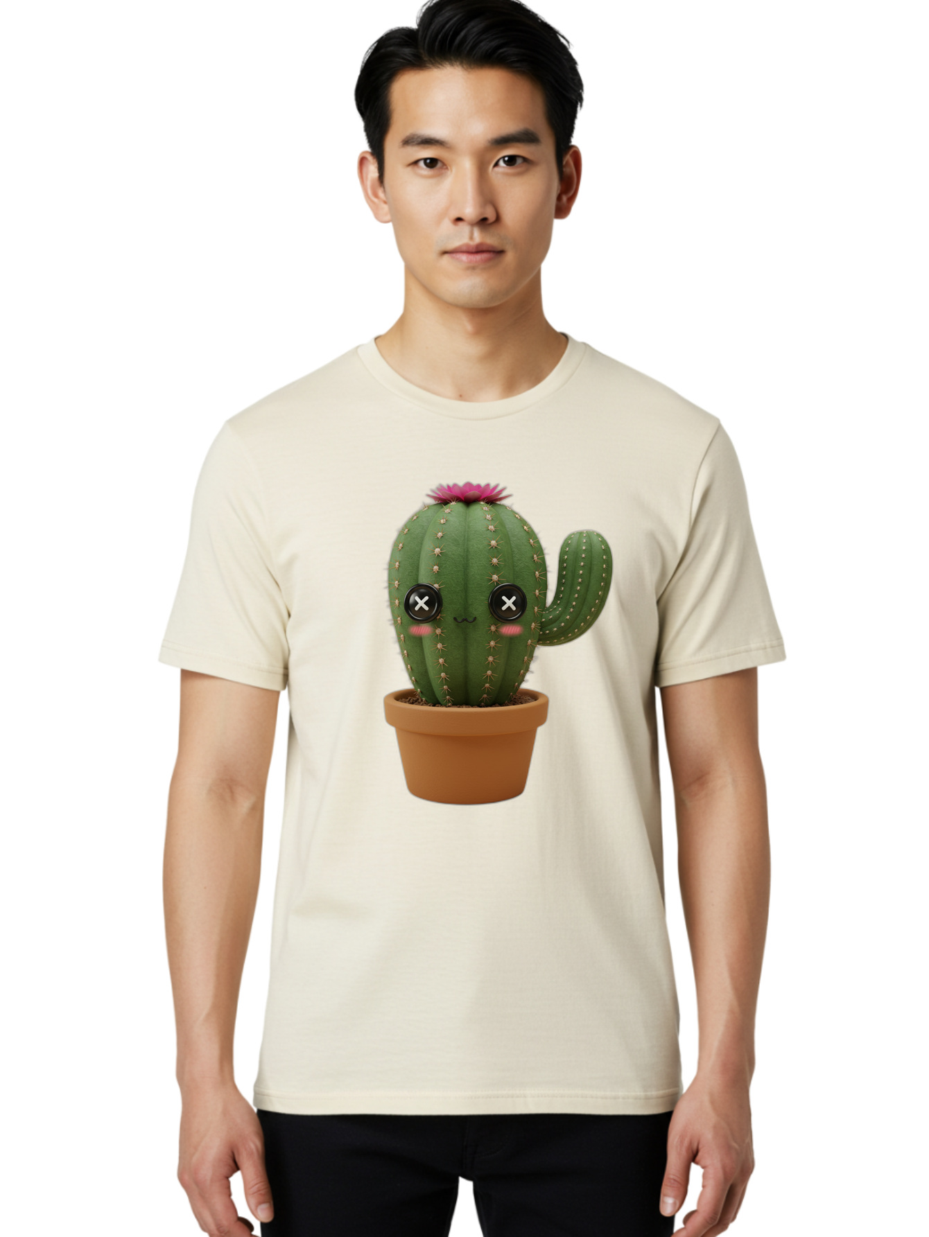 Cactus-2 Men'S Graphic Tee, 100% Cotton, Comfortable Casual Summer Wear, Machine Washable, Cactus In Pot, Plush Toy, Digital Illustration, Cute Character, Prickly Plant, Smiling Face, Pink Flower, Decorative Pot, Soft Texture, Adorable Design, Bac724