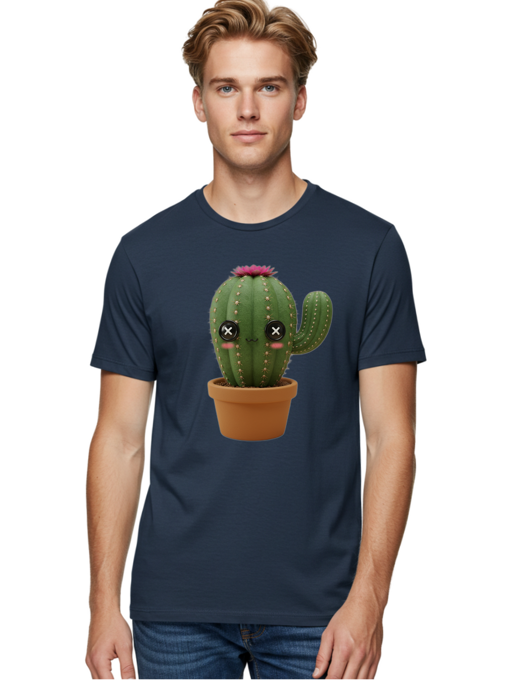 Cactus-2 Men'S Graphic Tee, 100% Cotton, Comfortable Casual Summer Wear, Machine Washable, Cactus In Pot, Plush Toy, Digital Illustration, Cute Character, Prickly Plant, Smiling Face, Pink Flower, Decorative Pot, Soft Texture, Adorable Design, Bac724