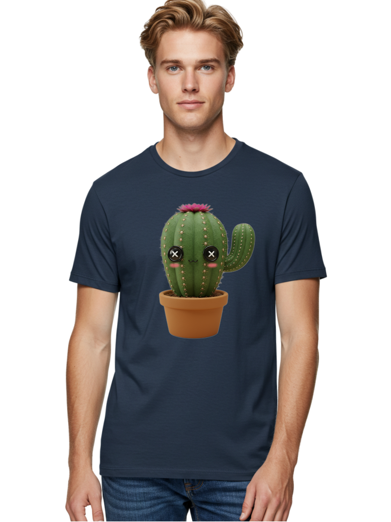 Cactus-2 Men'S Graphic Tee, 100% Cotton, Comfortable Casual Summer Wear, Machine Washable, Cactus In Pot, Plush Toy, Digital Illustration, Cute Character, Prickly Plant, Smiling Face, Pink Flower, Decorative Pot, Soft Texture, Adorable Design, Bac724