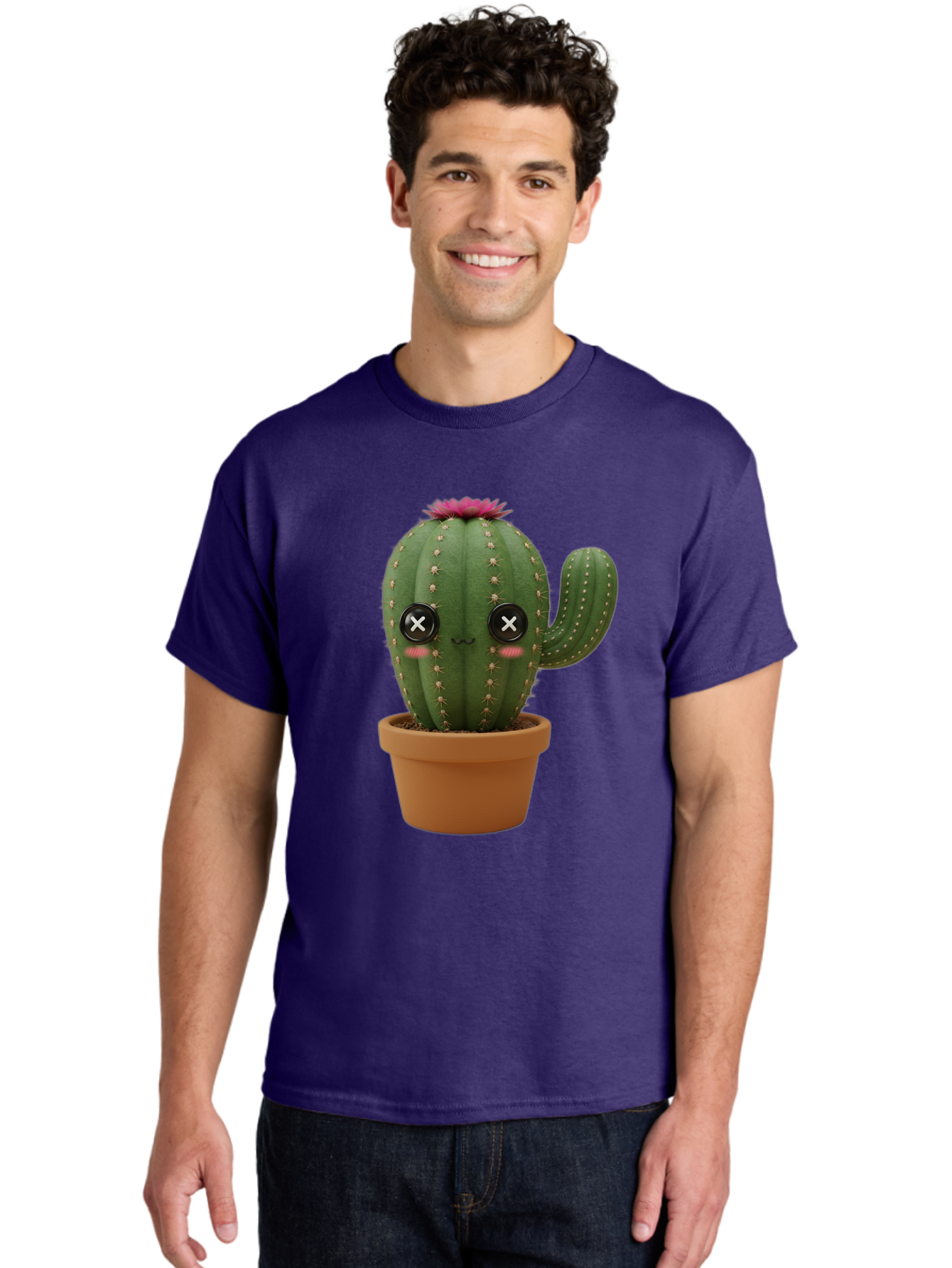 Cactus-2 Men'S Graphic Tee, 100% Cotton, Comfortable Casual Summer Wear, Machine Washable, Cactus In Pot, Plush Toy, Digital Illustration, Cute Character, Prickly Plant, Smiling Face, Pink Flower, Decorative Pot, Soft Texture, Adorable Design, Bac724
