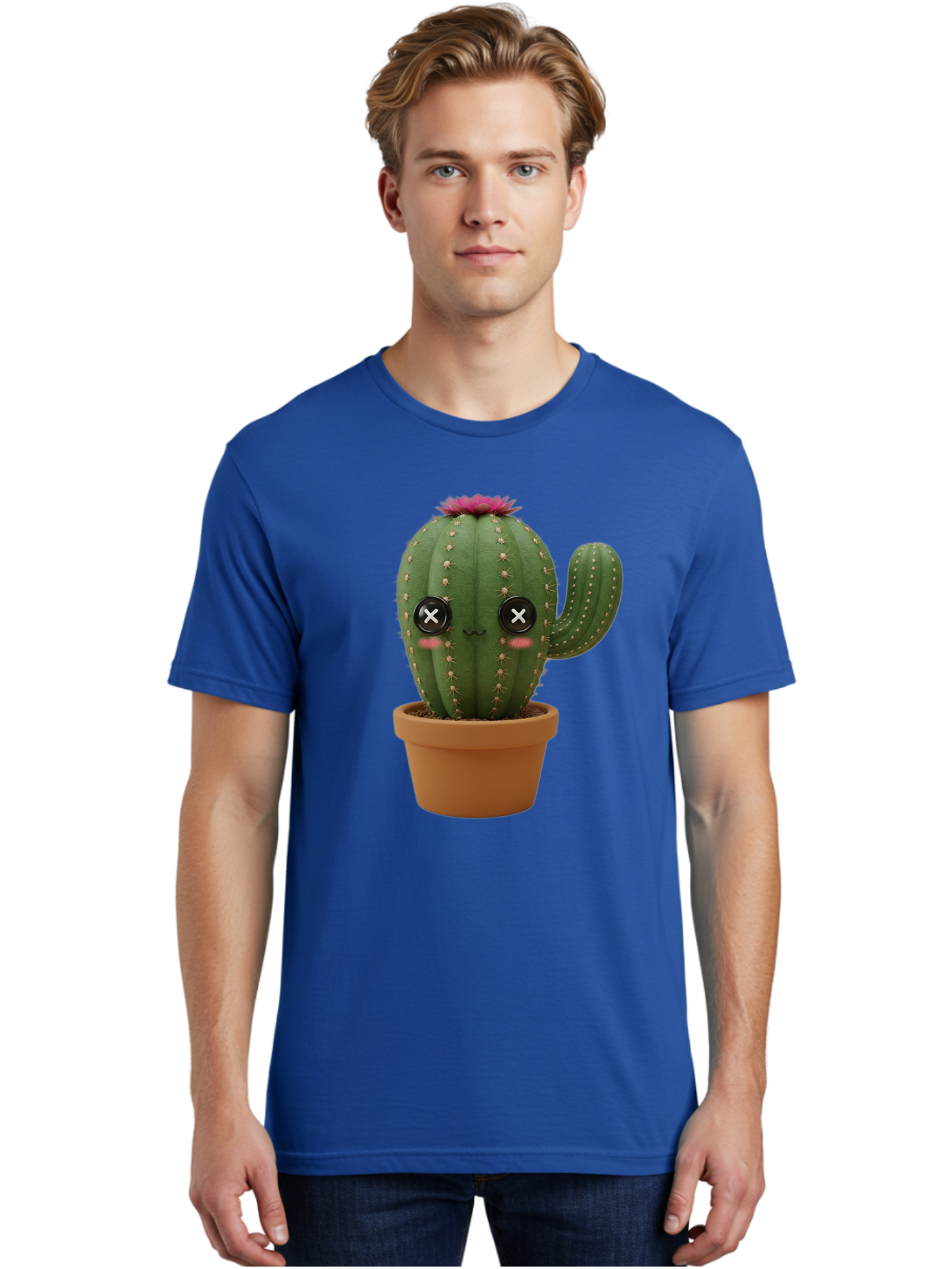 Cactus-2 Men'S Graphic Tee, 100% Cotton, Comfortable Casual Summer Wear, Machine Washable, Cactus In Pot, Plush Toy, Digital Illustration, Cute Character, Prickly Plant, Smiling Face, Pink Flower, Decorative Pot, Soft Texture, Adorable Design, Bac724