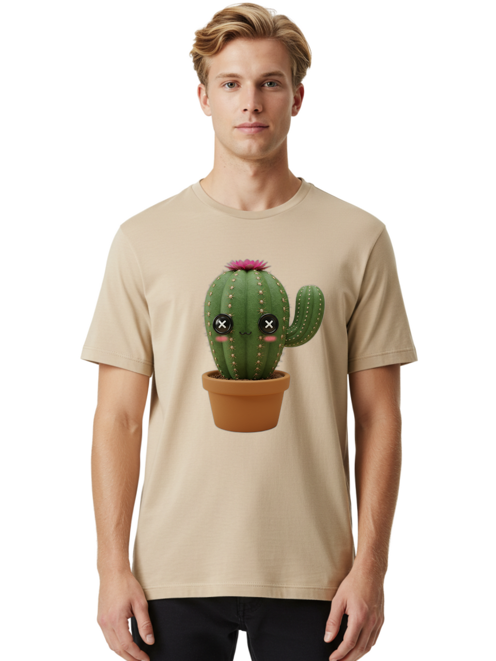 Cactus-2 Men'S Graphic Tee, 100% Cotton, Comfortable Casual Summer Wear, Machine Washable, Cactus In Pot, Plush Toy, Digital Illustration, Cute Character, Prickly Plant, Smiling Face, Pink Flower, Decorative Pot, Soft Texture, Adorable Design, Bac724