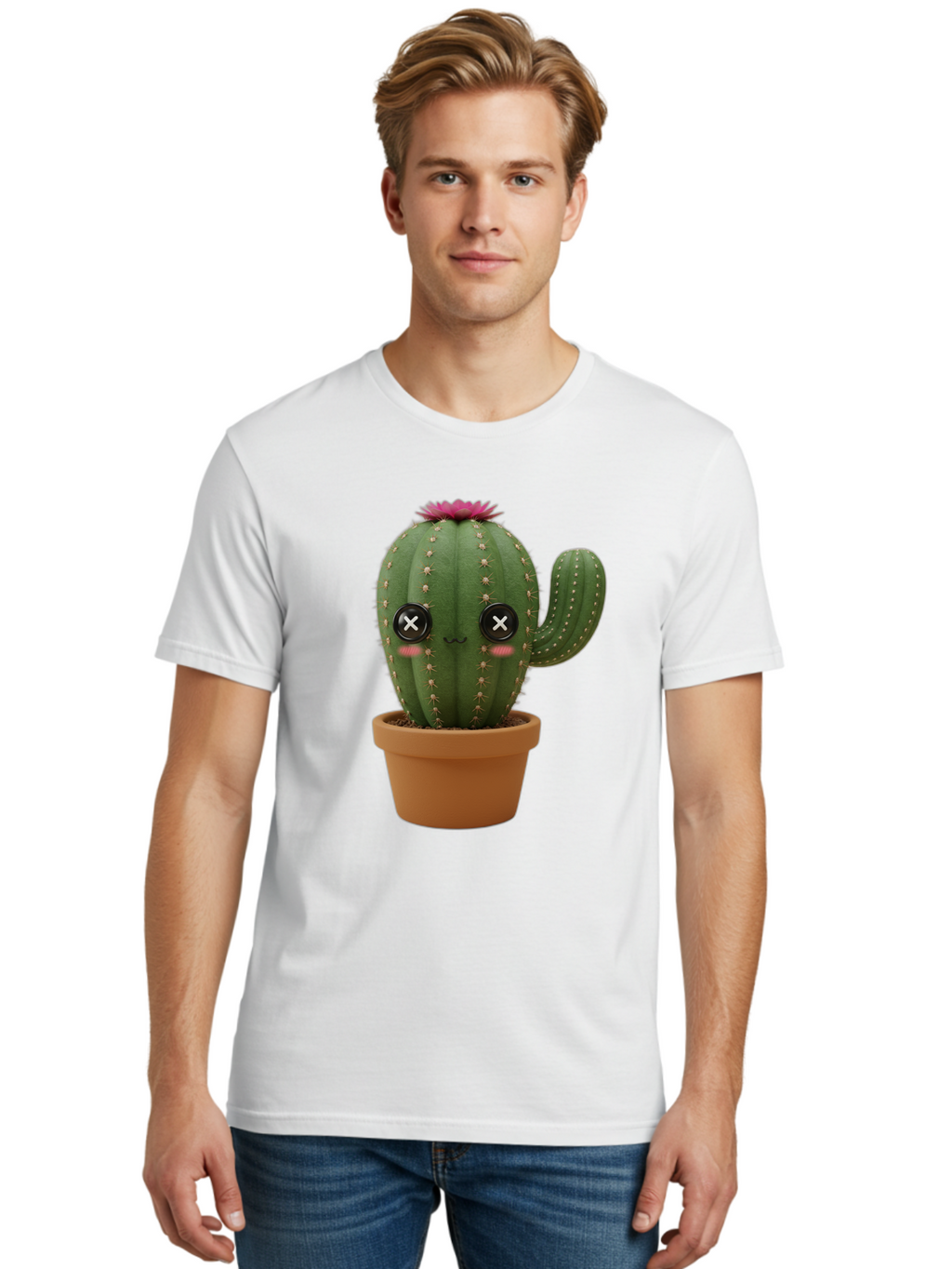 Cactus-2 Men'S Graphic Tee, 100% Cotton, Comfortable Casual Summer Wear, Machine Washable, Cactus In Pot, Plush Toy, Digital Illustration, Cute Character, Prickly Plant, Smiling Face, Pink Flower, Decorative Pot, Soft Texture, Adorable Design, Bac724