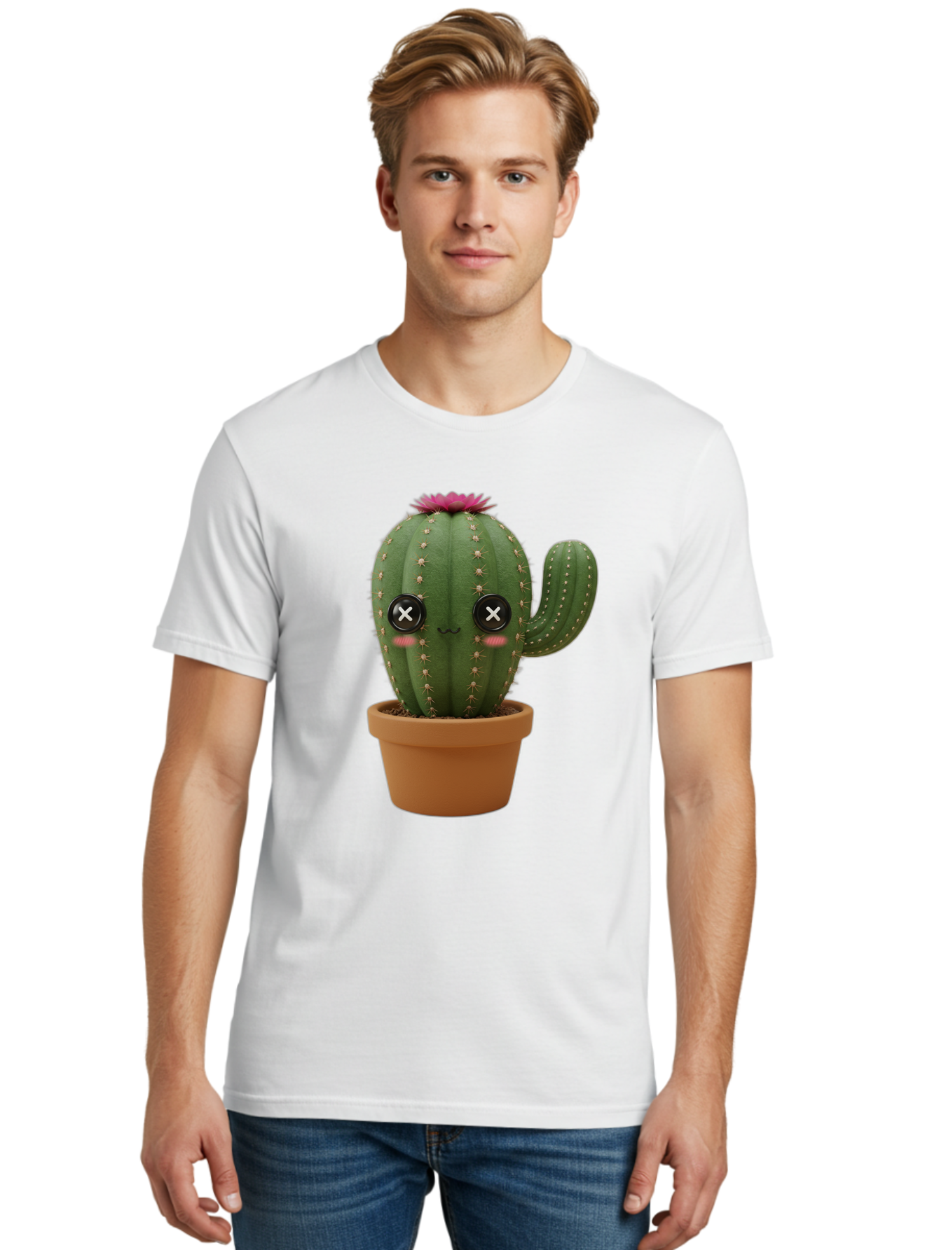 Cactus-2 Men'S Graphic Tee, 100% Cotton, Comfortable Casual Summer Wear, Machine Washable, Cactus In Pot, Plush Toy, Digital Illustration, Cute Character, Prickly Plant, Smiling Face, Pink Flower, Decorative Pot, Soft Texture, Adorable Design, Bac724