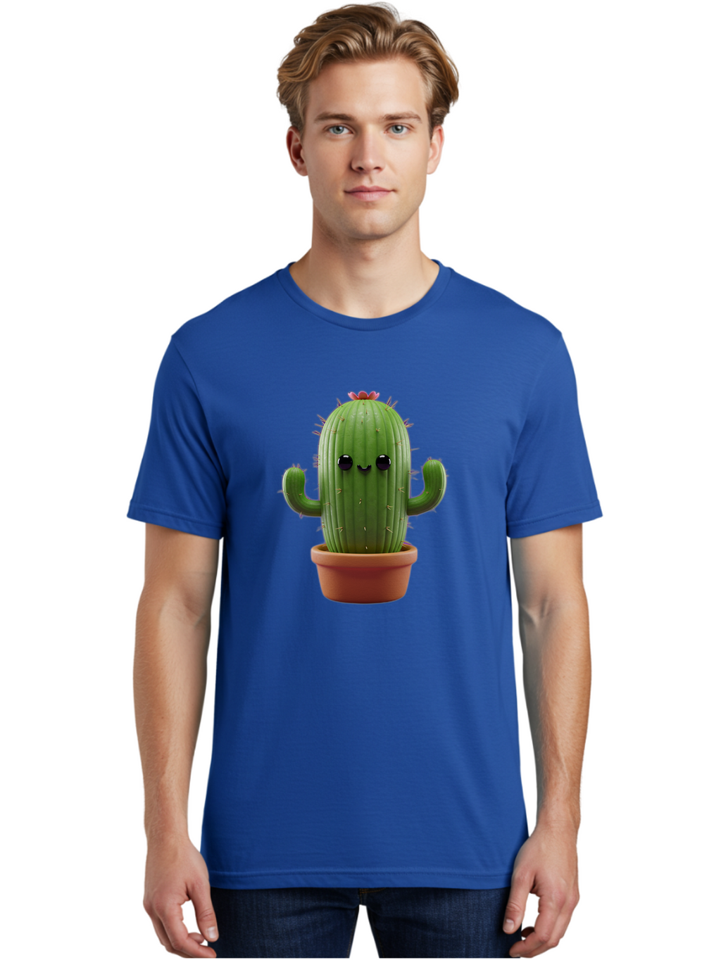Cactus-4 Men'S Graphic Tee, 100% Cotton, Comfortable Casual Summer Wear, Machine Washable, Cute Cactus, Potted Plant, Cartoon Character, Desert Flora, Funny Face, Small Arms, Spiky Texture, Kawaii Style, Terracotta Pot, Digital Illustration Bac726