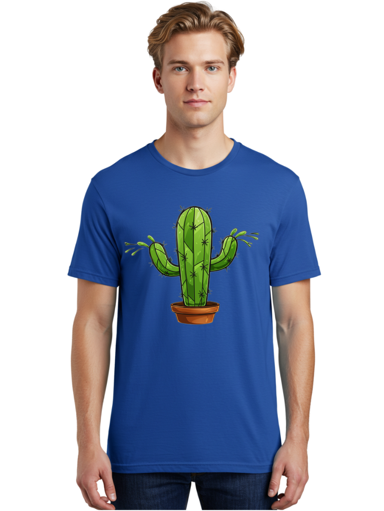Cactus-5 Men'S Graphic Tee, 100% Cotton, Comfortable Casual Summer Wear, Machine Washable, Potted Cactus, Cartoon Cactus, Cactus Plant, Green Cactus, Terracotta Pot, Prickly Cactus, Desert Plant, Houseplant, Succulent, Cactus Illustration, Bac727