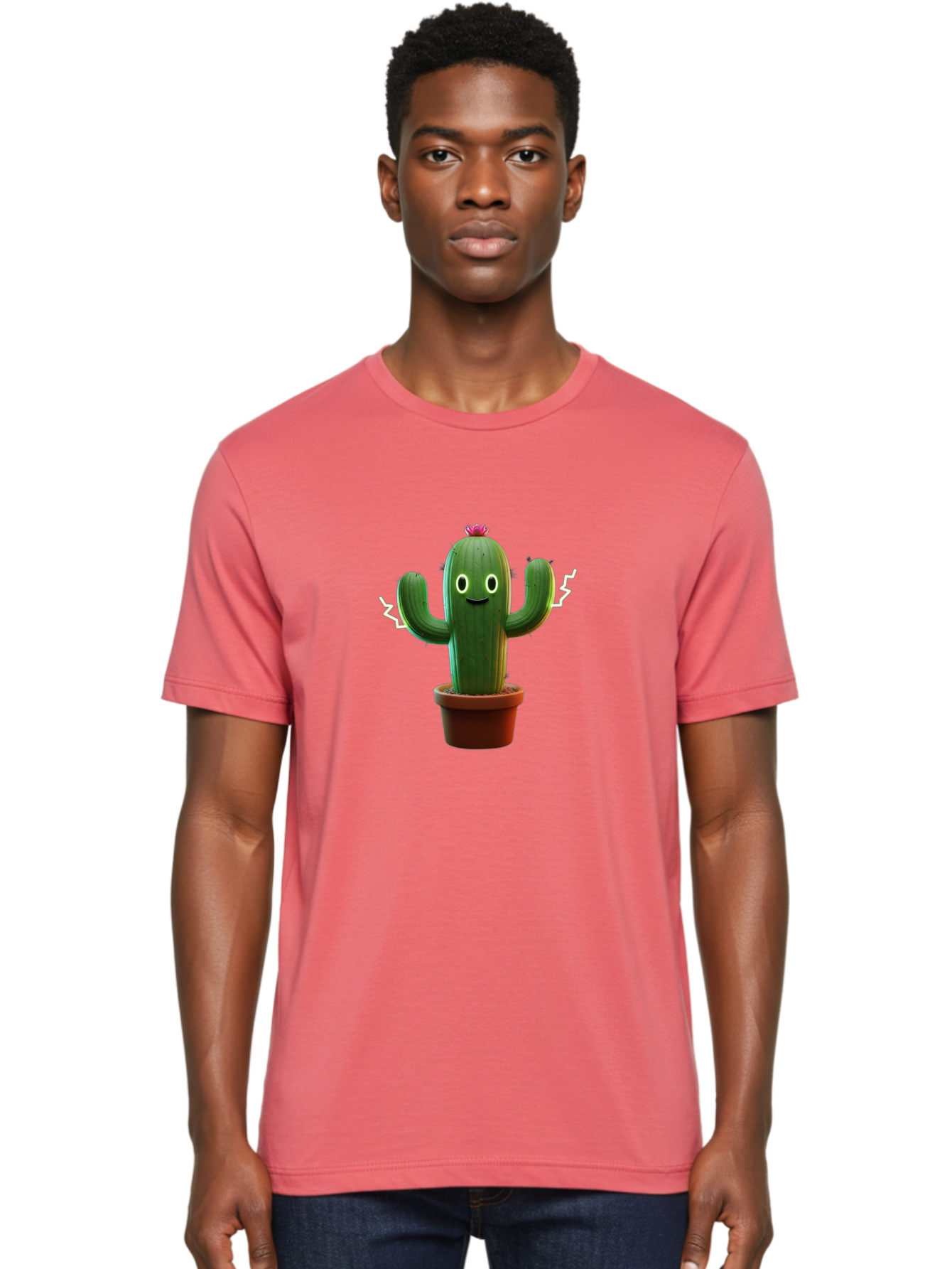 Cactus-6 Men'S Graphic Tee, 100% Cotton, Comfortable Casual Summer Wear, Machine Washable, Cartoon Cactus, Happy Cactus, Cactus Character, Potted Cactus, Desert Plant, Kawaii Cactus, Cactus With Face, Glowing Eyes, Cute Cactus, Funny Cactus Bac728