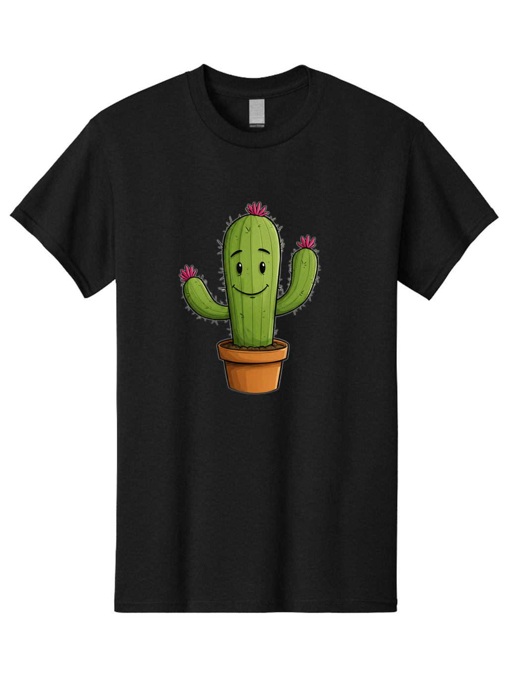 Cactus-8 Men'S Graphic Tee, 100% Cotton, Comfortable Casual Summer Wear, Machine Washable, Cartoon Cactus, Happy Face, Potted Plant, Cacti, Prickly Pear, Succulent, Flowering Cactus, Kawaii, Cute, Smiling Cactus, Pink Flowers, Quirky, Fun, Bac730