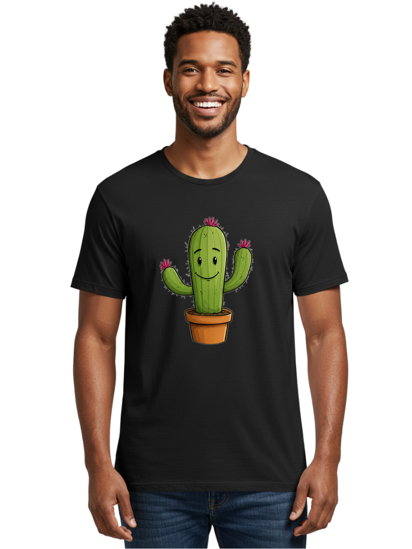 Cactus-8 Men'S Graphic Tee, 100% Cotton, Comfortable Casual Summer Wear, Machine Washable, Cartoon Cactus, Happy Face, Potted Plant, Cacti, Prickly Pear, Succulent, Flowering Cactus, Kawaii, Cute, Smiling Cactus, Pink Flowers, Quirky, Fun, Bac730