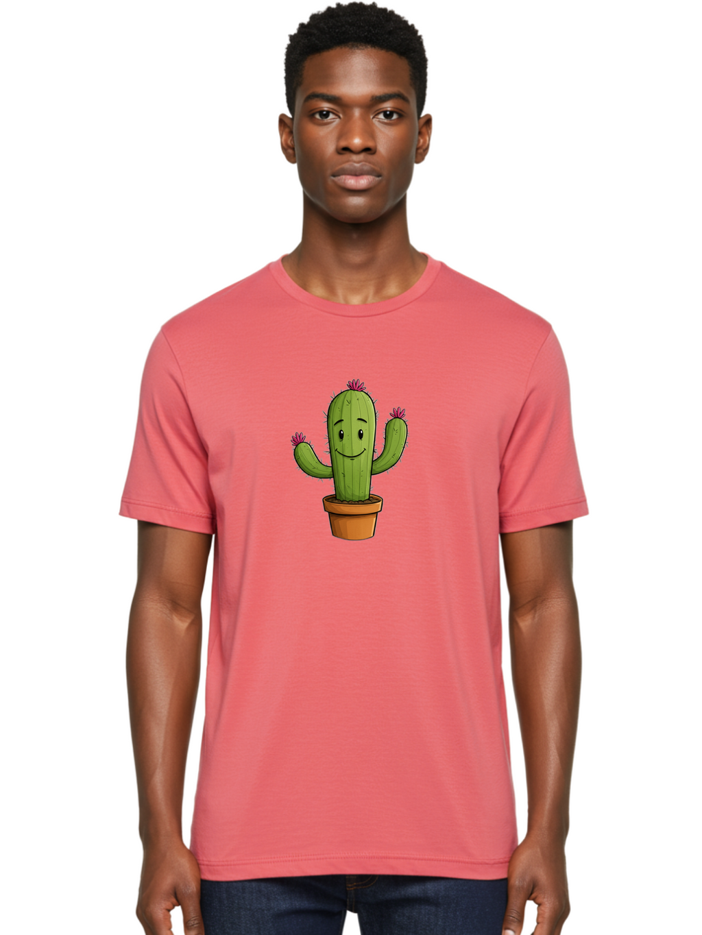 Cactus-8 Men'S Graphic Tee, 100% Cotton, Comfortable Casual Summer Wear, Machine Washable, Cartoon Cactus, Happy Face, Potted Plant, Cacti, Prickly Pear, Succulent, Flowering Cactus, Kawaii, Cute, Smiling Cactus, Pink Flowers, Quirky, Fun, Bac730