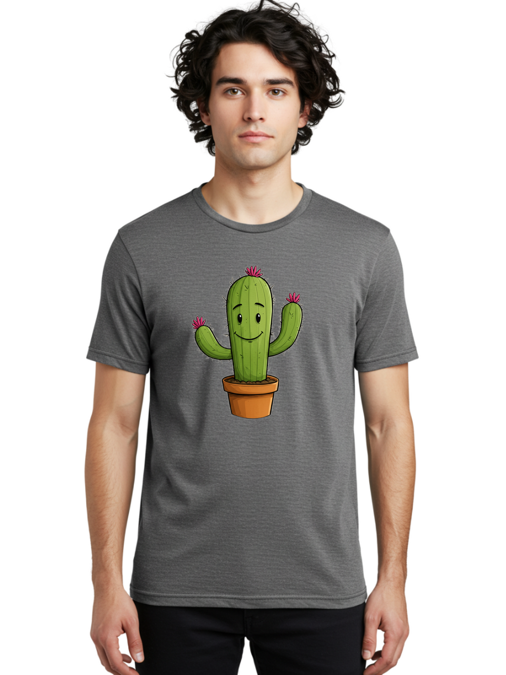 Cactus-8 Men'S Graphic Tee, 100% Cotton, Comfortable Casual Summer Wear, Machine Washable, Cartoon Cactus, Happy Face, Potted Plant, Cacti, Prickly Pear, Succulent, Flowering Cactus, Kawaii, Cute, Smiling Cactus, Pink Flowers, Quirky, Fun, Bac730