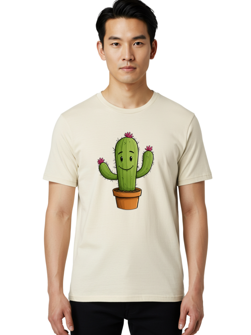 Cactus-8 Men'S Graphic Tee, 100% Cotton, Comfortable Casual Summer Wear, Machine Washable, Cartoon Cactus, Happy Face, Potted Plant, Cacti, Prickly Pear, Succulent, Flowering Cactus, Kawaii, Cute, Smiling Cactus, Pink Flowers, Quirky, Fun, Bac730