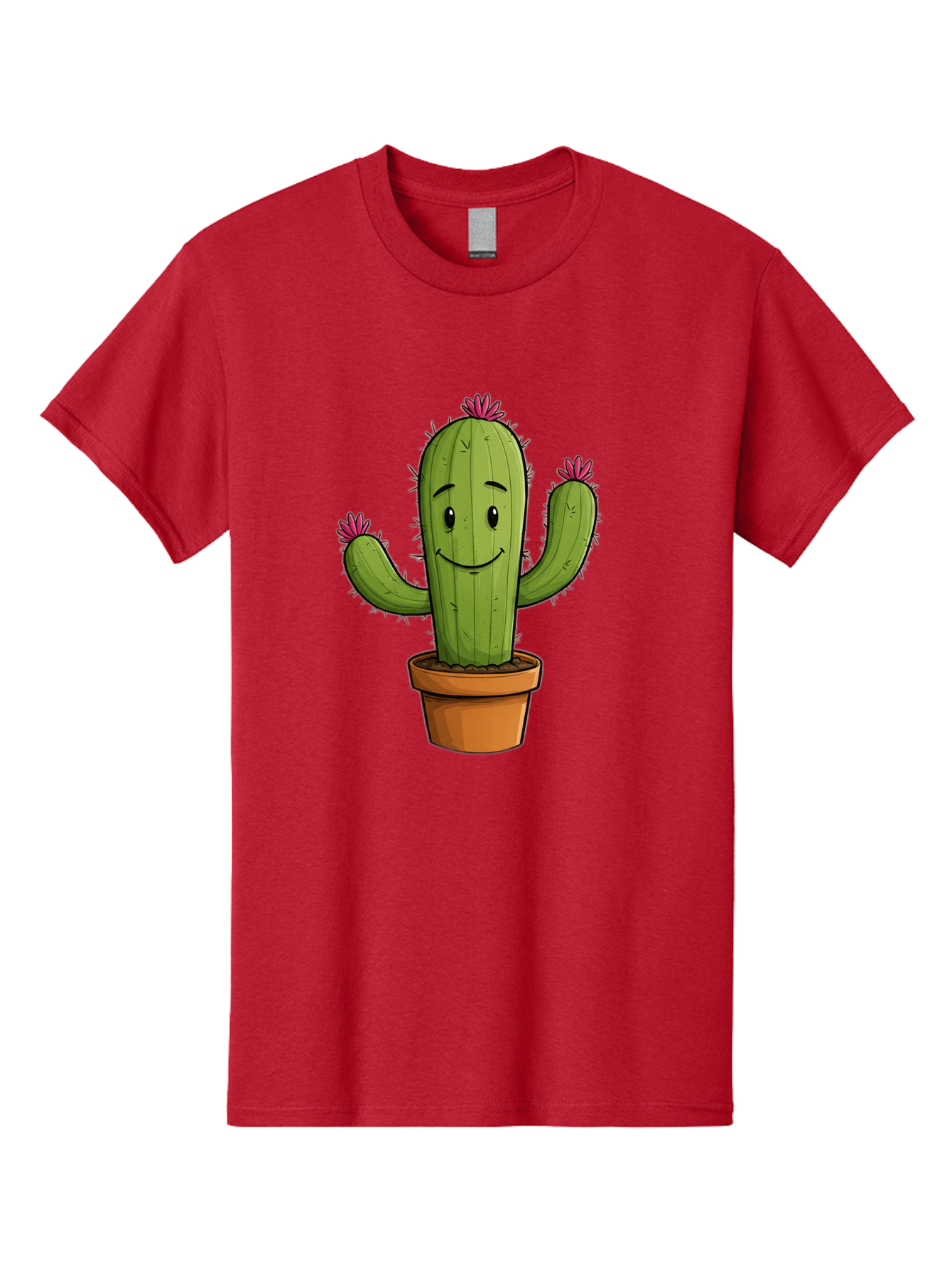 Cactus-8 Men'S Graphic Tee, 100% Cotton, Comfortable Casual Summer Wear, Machine Washable, Cartoon Cactus, Happy Face, Potted Plant, Cacti, Prickly Pear, Succulent, Flowering Cactus, Kawaii, Cute, Smiling Cactus, Pink Flowers, Quirky, Fun, Bac730