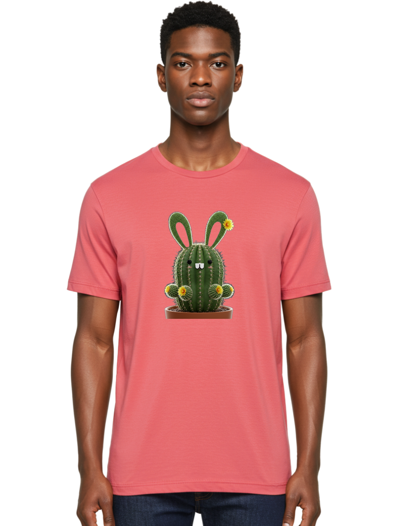 Cactus-Bunny Men'S Graphic Tee, 100% Cotton, Comfortable Casual Summer Wear, Machine Washable, Cartoon Cactus With Bunny Ears, Cute Cactus Character, Potted Cactus Plant, Funny Cactus Design, Blooming Cactus Flowers, Desert Flora, Bac731