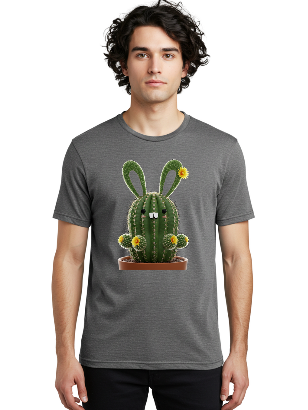 Cactus-Bunny Men'S Graphic Tee, 100% Cotton, Comfortable Casual Summer Wear, Machine Washable, Cartoon Cactus With Bunny Ears, Cute Cactus Character, Potted Cactus Plant, Funny Cactus Design, Blooming Cactus Flowers, Desert Flora, Bac731