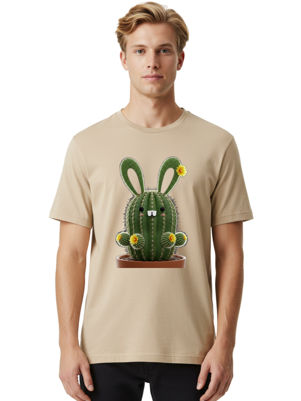 Cactus-Bunny Men'S Graphic Tee, 100% Cotton, Comfortable Casual Summer Wear, Machine Washable, Cartoon Cactus With Bunny Ears, Cute Cactus Character, Potted Cactus Plant, Funny Cactus Design, Blooming Cactus Flowers, Desert Flora, Bac731