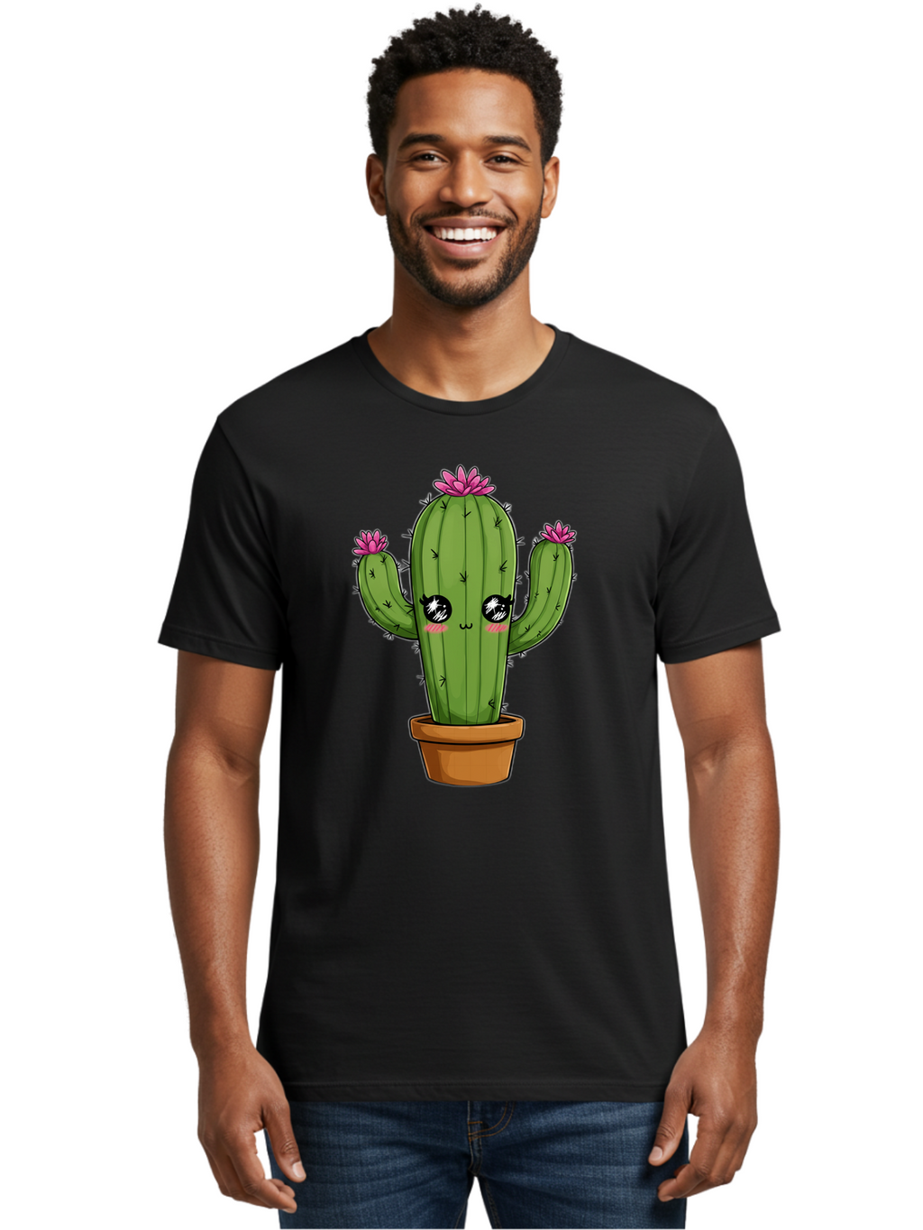 Cactus-Cartoon Men'S Graphic Tee, 100% Cotton, Comfortable Casual Summer Wear, Machine Washable, Cartoon Cactus, Pink Flowers, Terracotta Pot, Kawaii Style, Cute Desert Plant, Floral Cactus, Adorable Character Design, Succulent Illustration Bac732