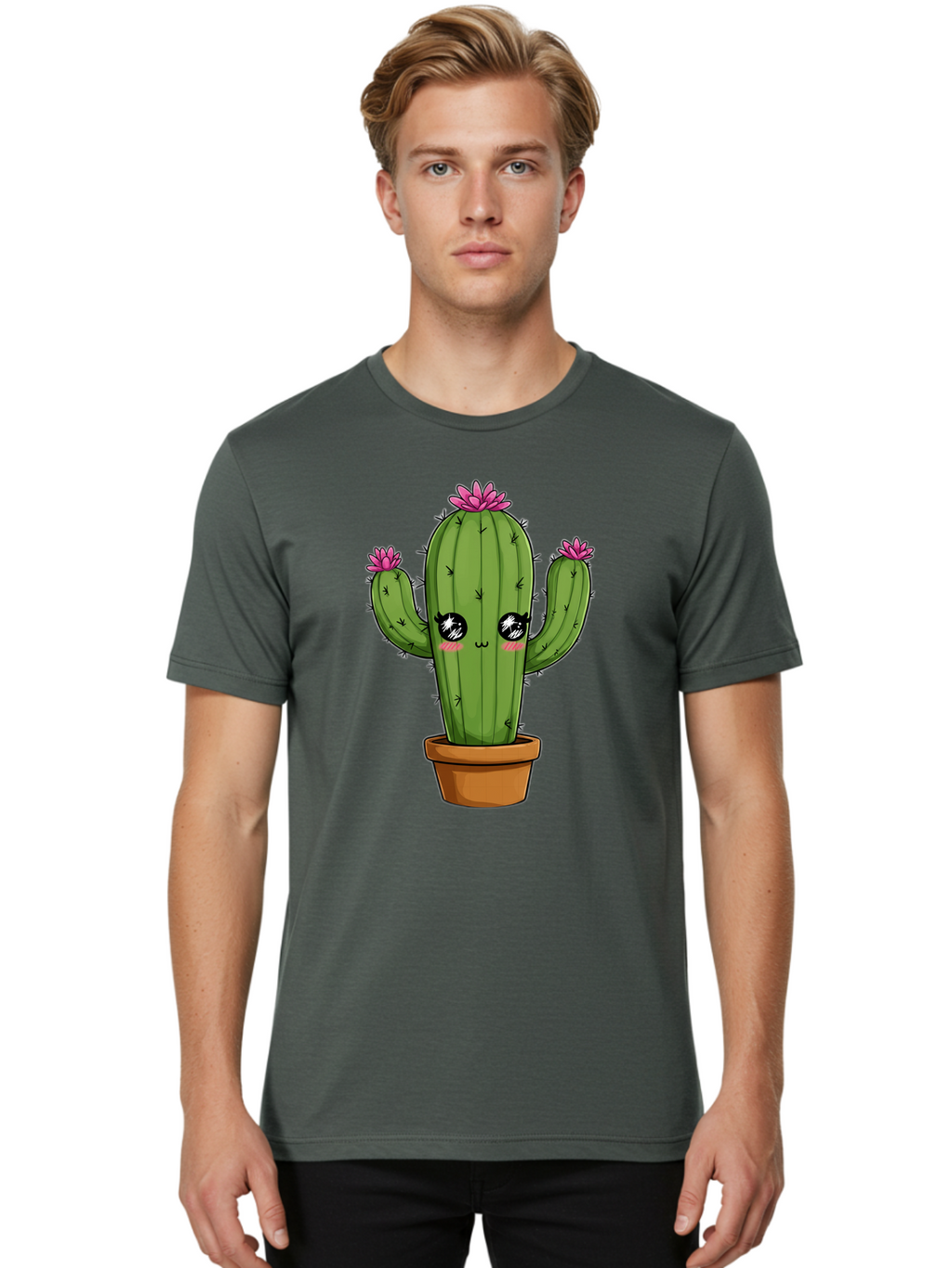 Cactus-Cartoon Men'S Graphic Tee, 100% Cotton, Comfortable Casual Summer Wear, Machine Washable, Cartoon Cactus, Pink Flowers, Terracotta Pot, Kawaii Style, Cute Desert Plant, Floral Cactus, Adorable Character Design, Succulent Illustration Bac732