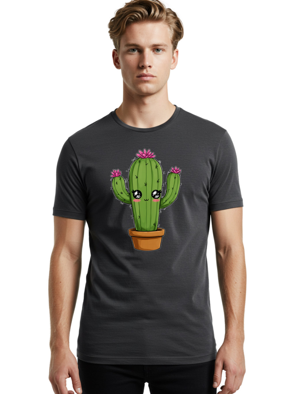 Cactus-Cartoon Men'S Graphic Tee, 100% Cotton, Comfortable Casual Summer Wear, Machine Washable, Cartoon Cactus, Pink Flowers, Terracotta Pot, Kawaii Style, Cute Desert Plant, Floral Cactus, Adorable Character Design, Succulent Illustration Bac732