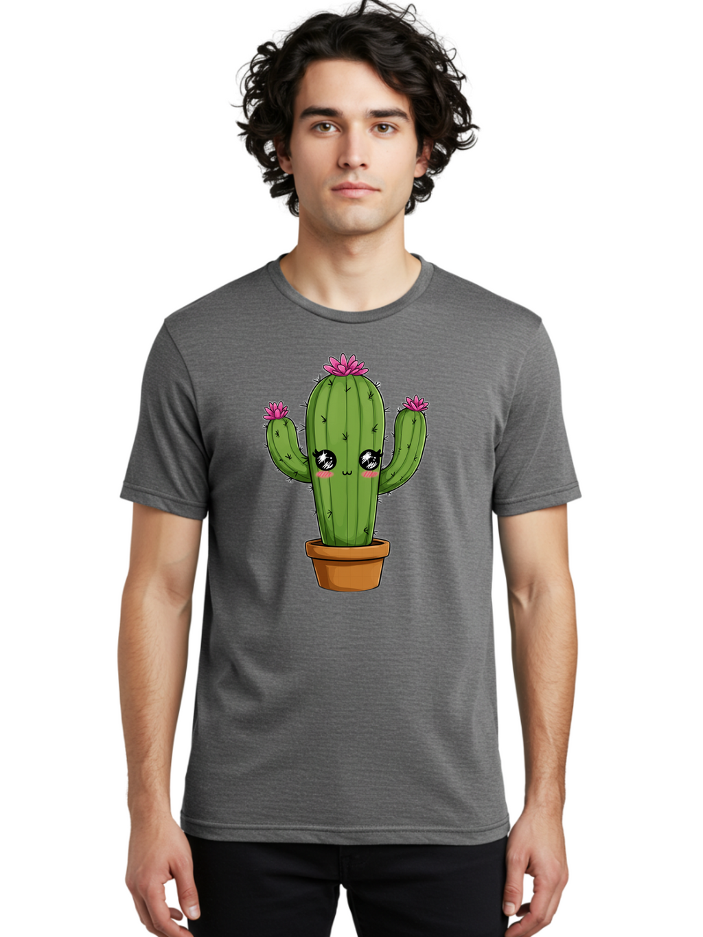Cactus-Cartoon Men'S Graphic Tee, 100% Cotton, Comfortable Casual Summer Wear, Machine Washable, Cartoon Cactus, Pink Flowers, Terracotta Pot, Kawaii Style, Cute Desert Plant, Floral Cactus, Adorable Character Design, Succulent Illustration Bac732