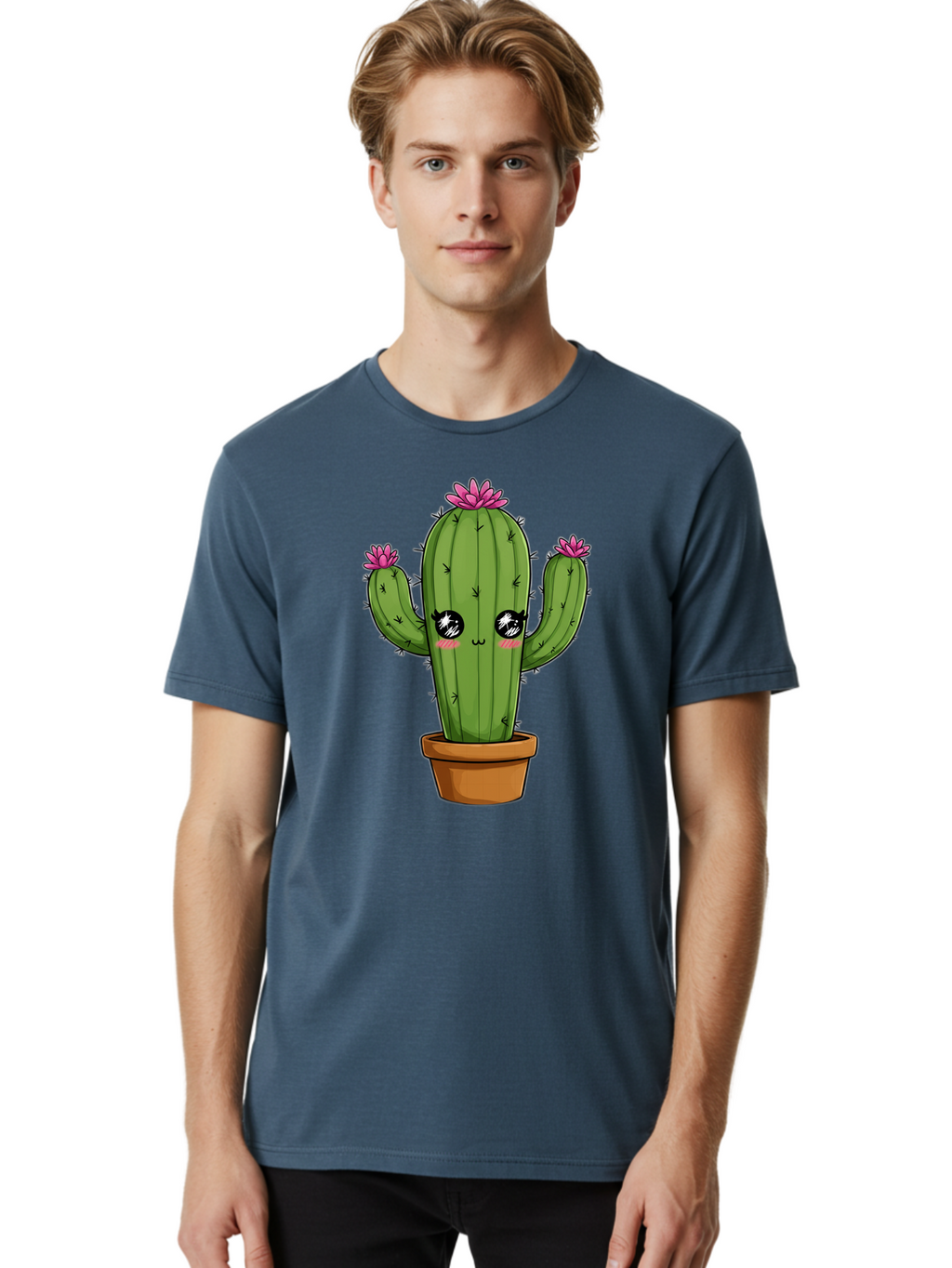 Cactus-Cartoon Men'S Graphic Tee, 100% Cotton, Comfortable Casual Summer Wear, Machine Washable, Cartoon Cactus, Pink Flowers, Terracotta Pot, Kawaii Style, Cute Desert Plant, Floral Cactus, Adorable Character Design, Succulent Illustration Bac732
