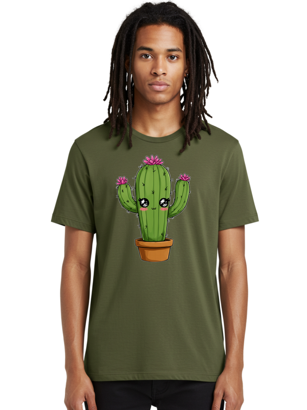 Cactus-Cartoon Men'S Graphic Tee, 100% Cotton, Comfortable Casual Summer Wear, Machine Washable, Cartoon Cactus, Pink Flowers, Terracotta Pot, Kawaii Style, Cute Desert Plant, Floral Cactus, Adorable Character Design, Succulent Illustration Bac732