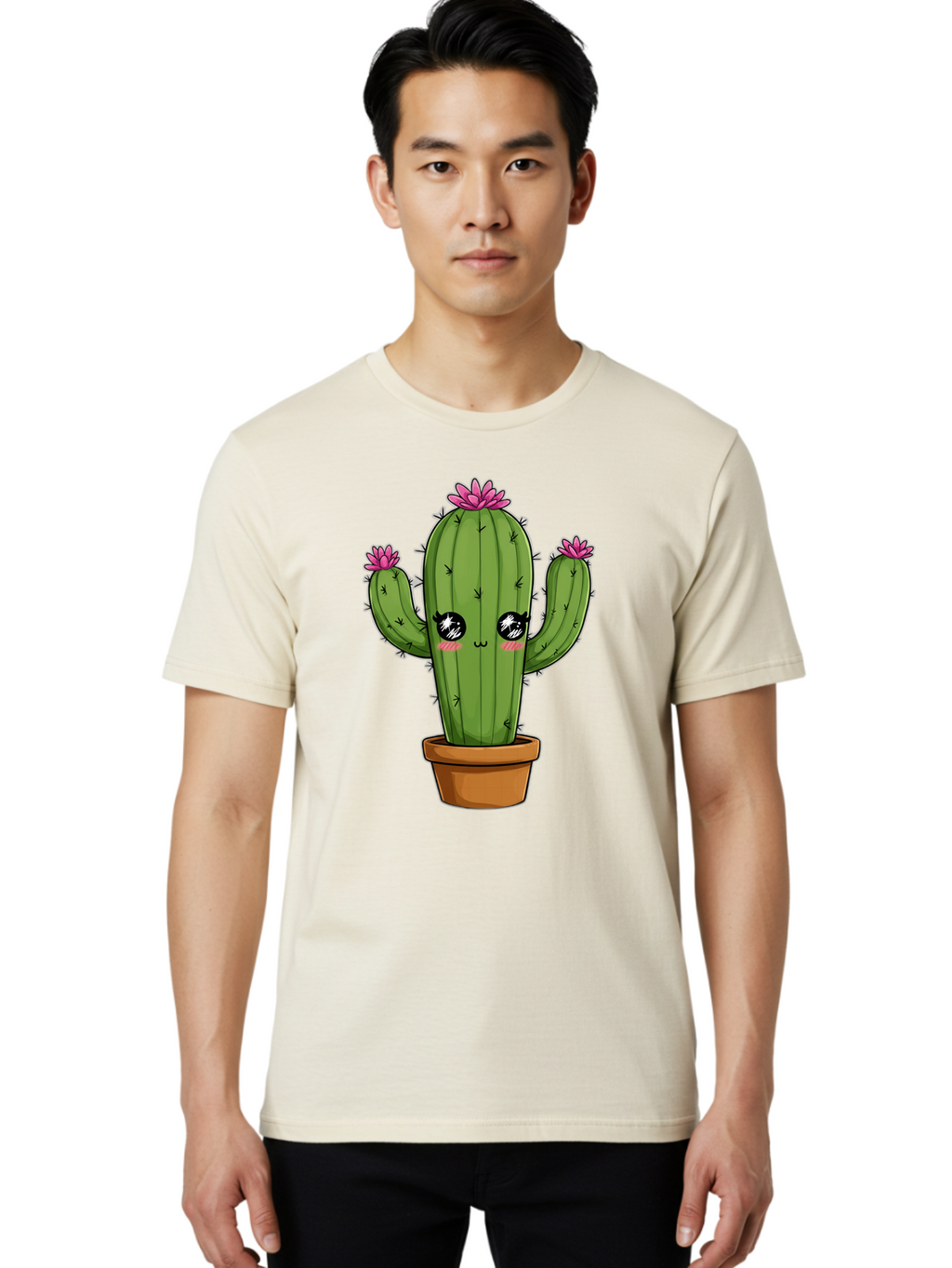 Cactus-Cartoon Men'S Graphic Tee, 100% Cotton, Comfortable Casual Summer Wear, Machine Washable, Cartoon Cactus, Pink Flowers, Terracotta Pot, Kawaii Style, Cute Desert Plant, Floral Cactus, Adorable Character Design, Succulent Illustration Bac732