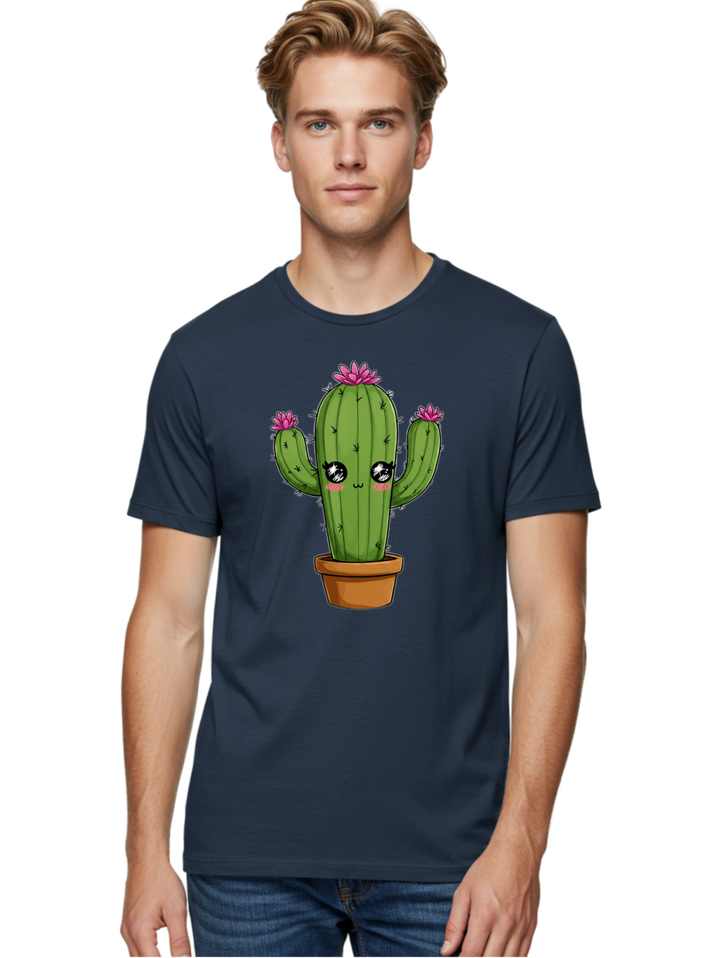 Cactus-Cartoon Men'S Graphic Tee, 100% Cotton, Comfortable Casual Summer Wear, Machine Washable, Cartoon Cactus, Pink Flowers, Terracotta Pot, Kawaii Style, Cute Desert Plant, Floral Cactus, Adorable Character Design, Succulent Illustration Bac732