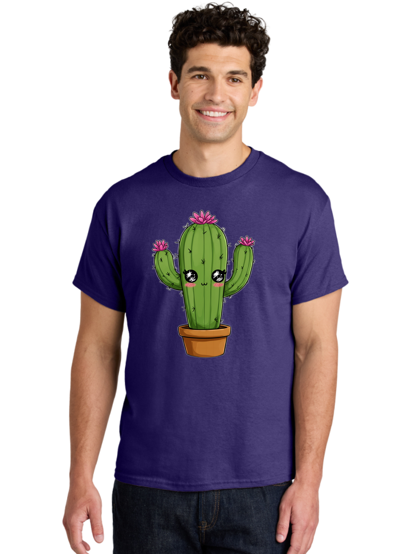 Cactus-Cartoon Men'S Graphic Tee, 100% Cotton, Comfortable Casual Summer Wear, Machine Washable, Cartoon Cactus, Pink Flowers, Terracotta Pot, Kawaii Style, Cute Desert Plant, Floral Cactus, Adorable Character Design, Succulent Illustration Bac732