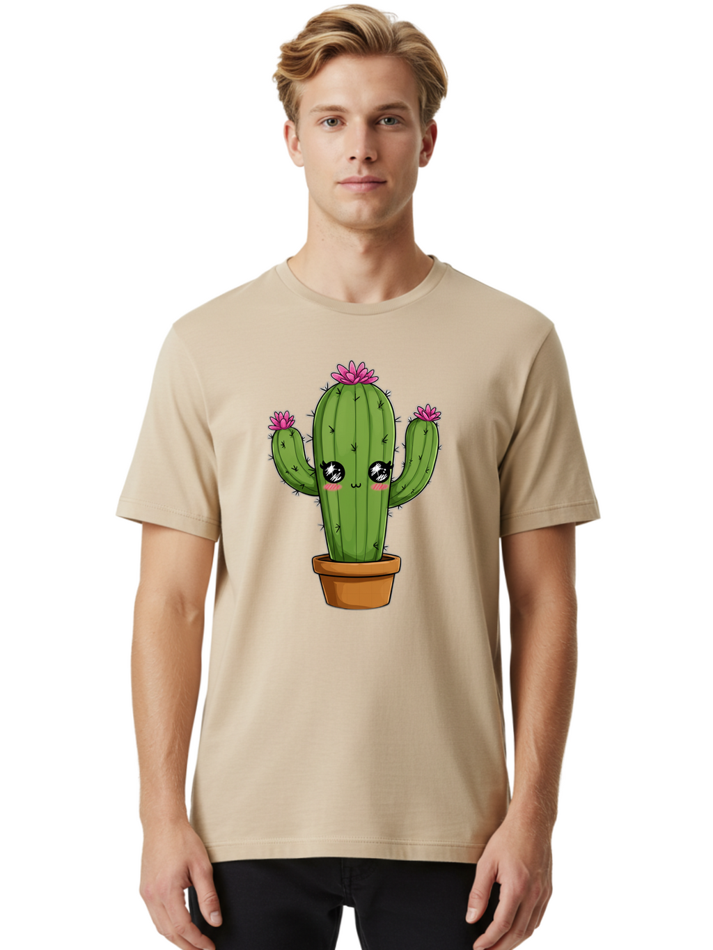 Cactus-Cartoon Men'S Graphic Tee, 100% Cotton, Comfortable Casual Summer Wear, Machine Washable, Cartoon Cactus, Pink Flowers, Terracotta Pot, Kawaii Style, Cute Desert Plant, Floral Cactus, Adorable Character Design, Succulent Illustration Bac732